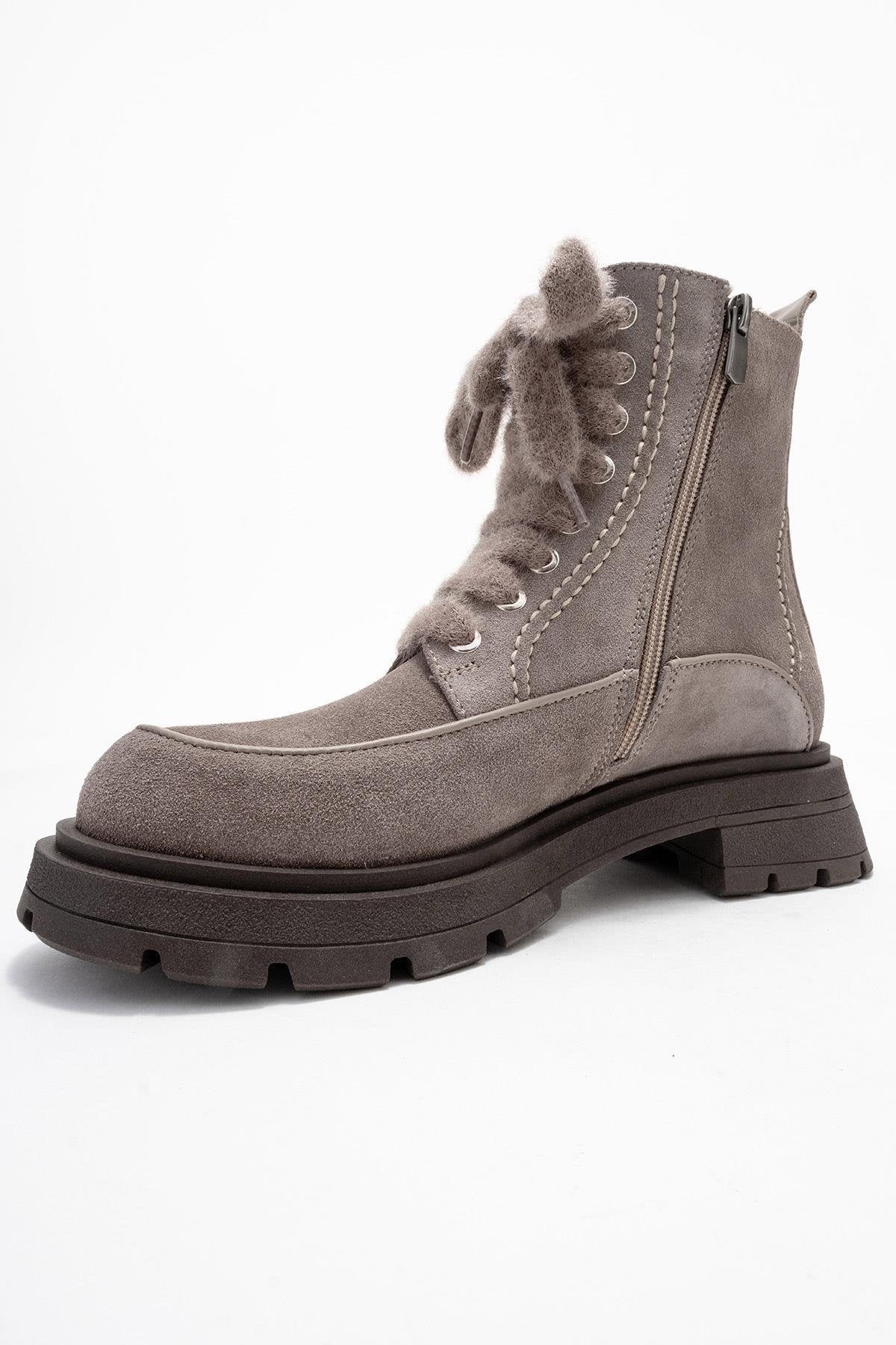 Mina - Taupe Genuine Leather Combat Boot – heel view showing leather, suede, Vowalisse