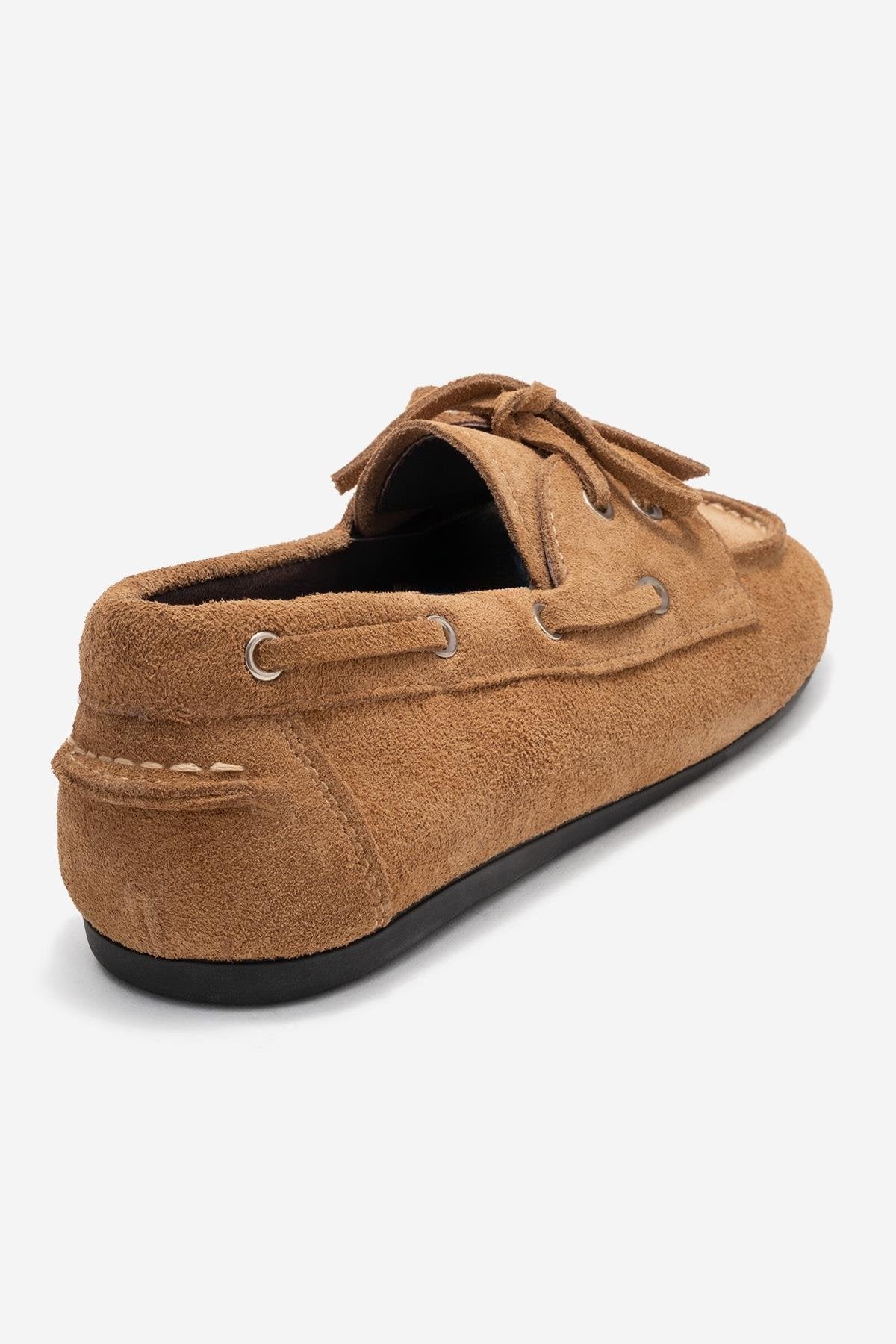 Serelis - Taupe Suede Genuine Leather Lace-Up Loafer – back view showing lace, leather, suede, Vowalisse