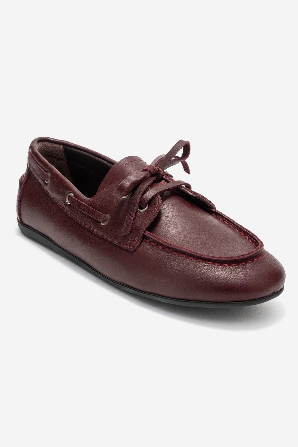 Serelis - Burgundy Genuine Leather Lace-Up Loafer – detail view showing lace, leather, Vowalisse