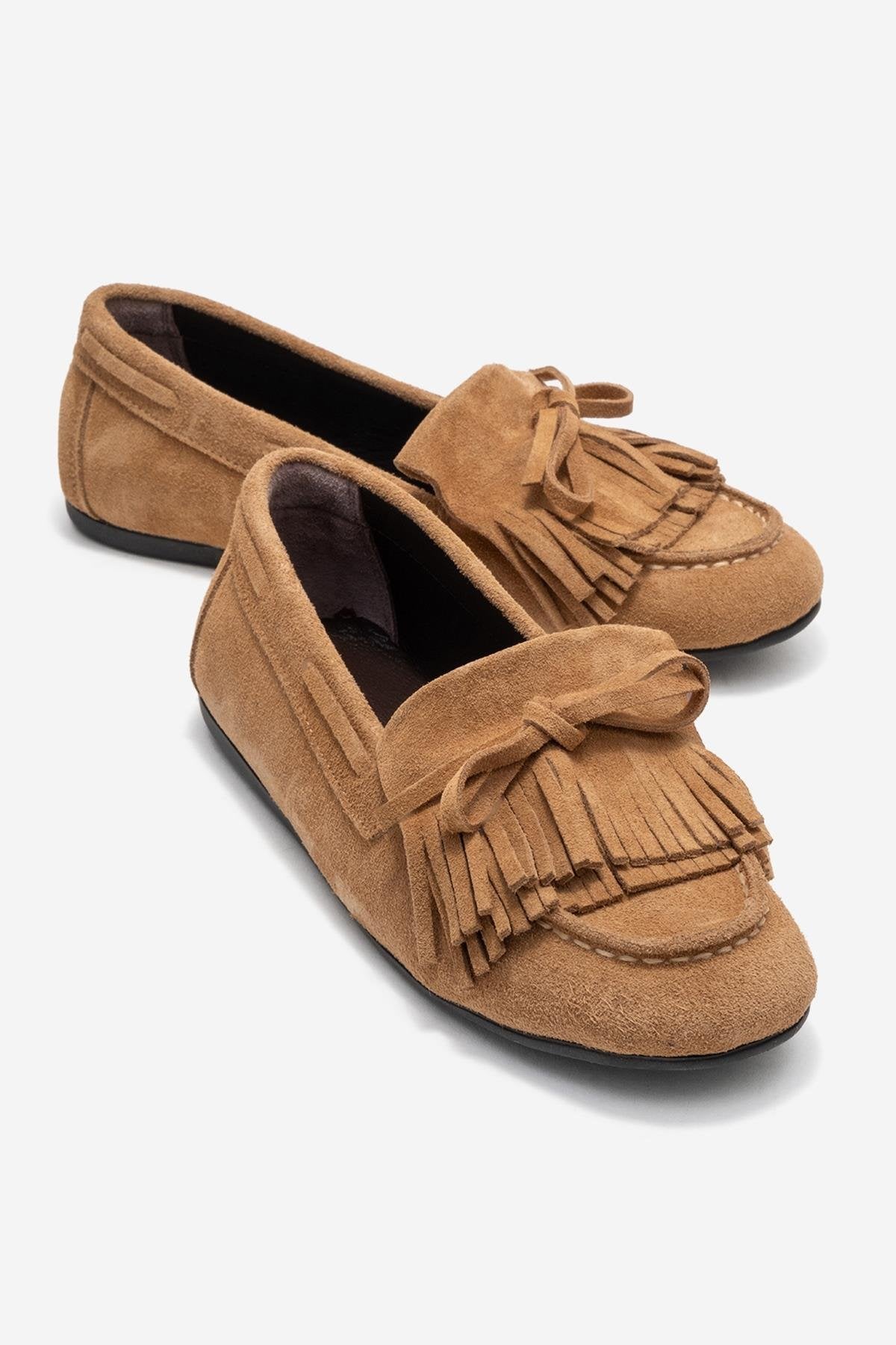 Axeli - Taupe Suede Genuine Leather Bow Tassel Loafer – front three-quarter view showing bow, leather, suede, Vowalisse