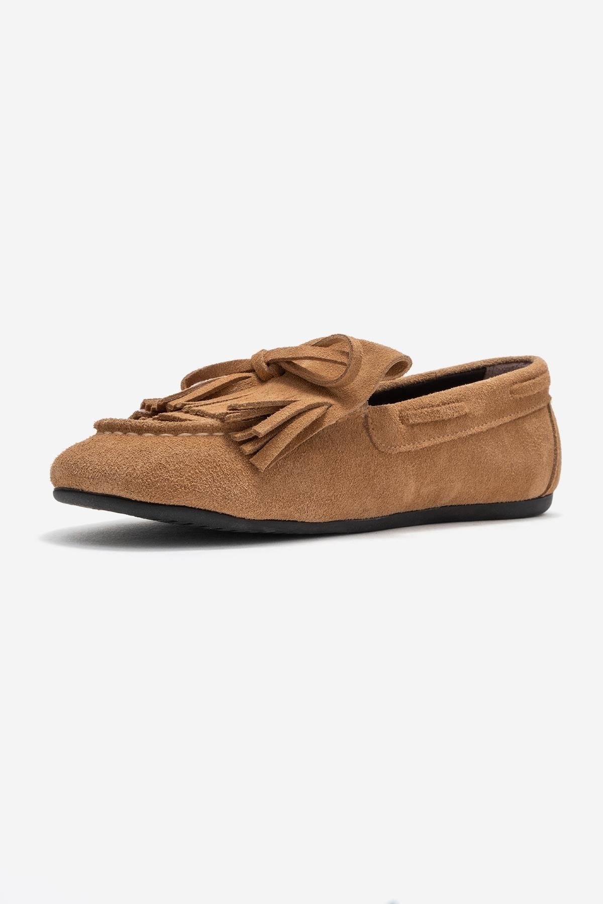 Axeli - Taupe Suede Genuine Leather Bow Tassel Loafer – heel view showing bow, leather, suede, Vowalisse