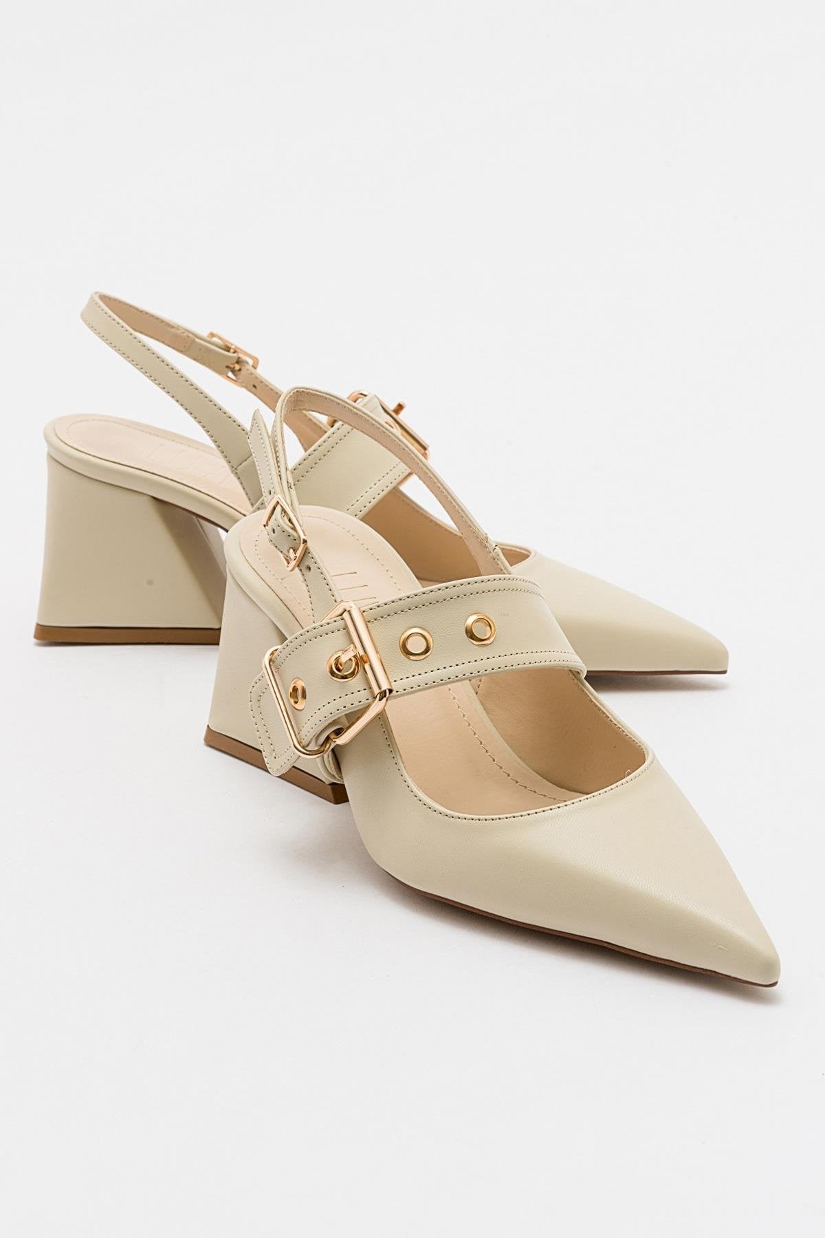Nepido - Off-White Pointed Toe Backless Block Heel Shoe – front three-quarter view showing leather, white, Vowalisse