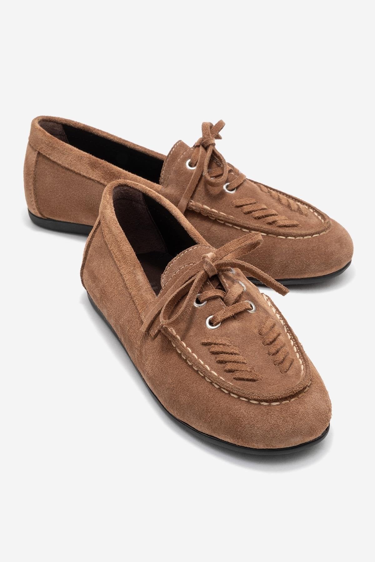 Lorven - Taupe Suede Genuine Leather Lace-Up Loafer Shoe – front three-quarter view showing lace, leather, suede, Vowalisse