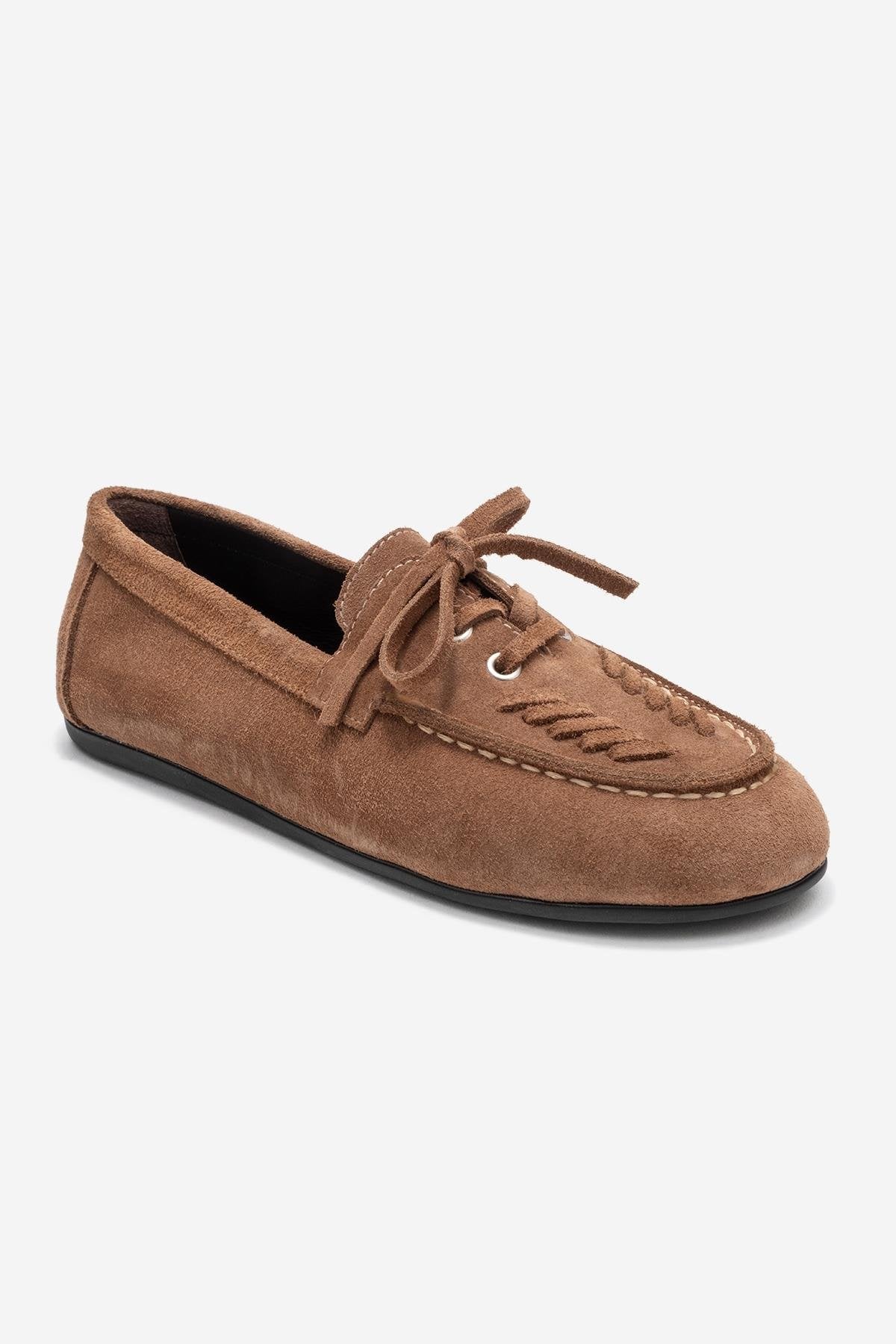 Lorven - Taupe Suede Genuine Leather Lace-Up Loafer Shoe – detail view showing lace, leather, suede, Vowalisse