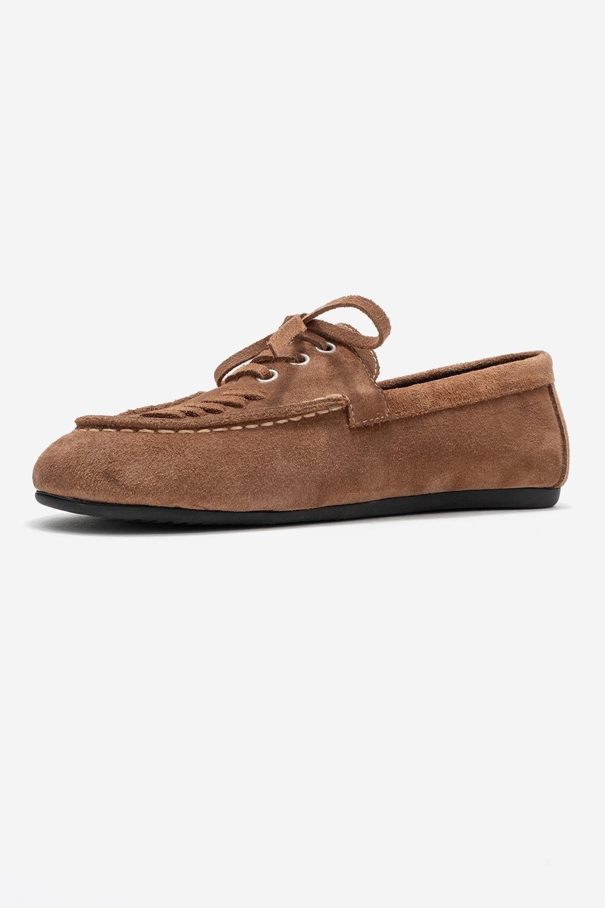 Lorven - Taupe Suede Genuine Leather Lace-Up Loafer Shoe – heel view showing lace, leather, suede, Vowalisse