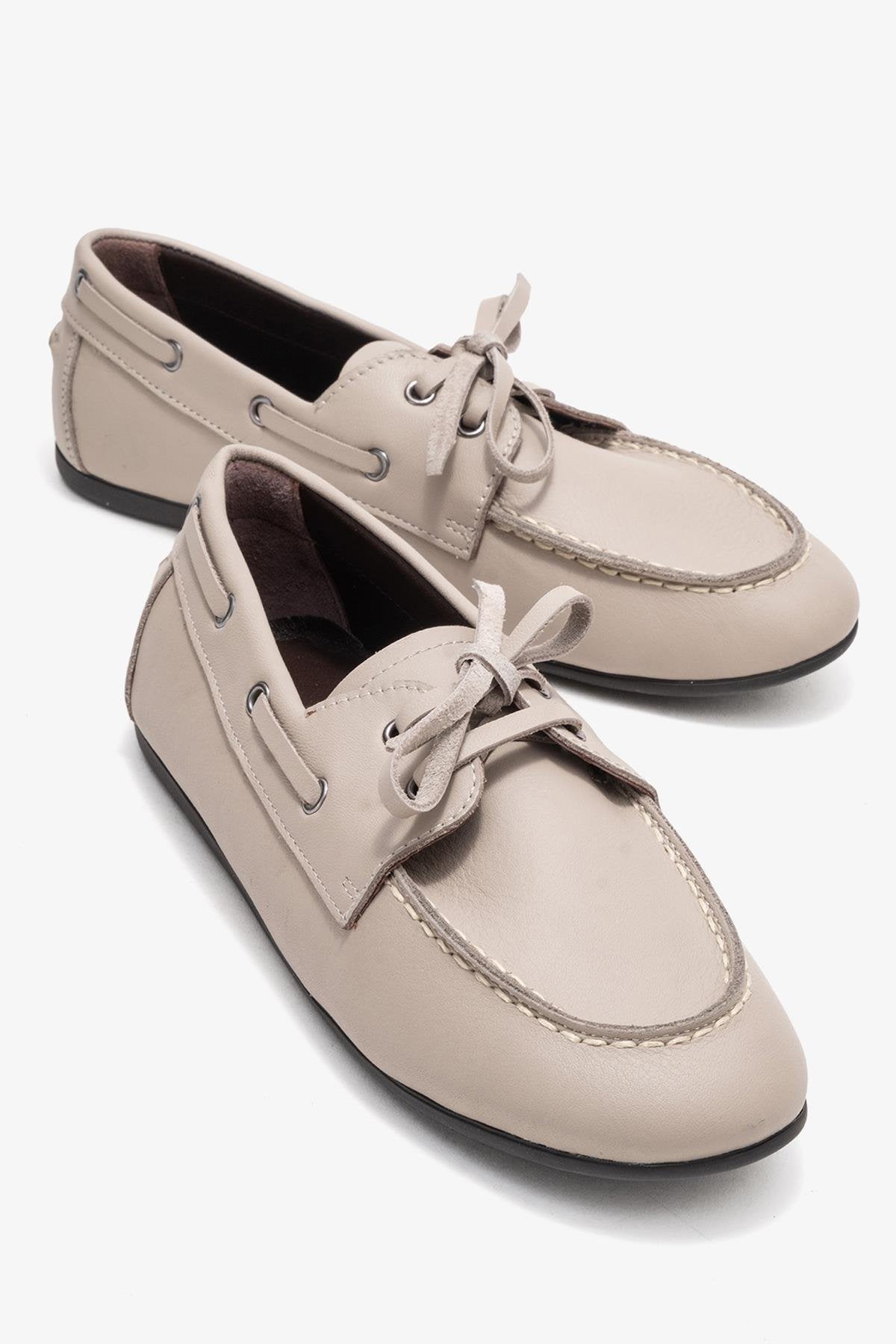 Serelis - Stone Genuine Leather Lace-Up Loafer Shoe – front three-quarter view showing lace, leather, Vowalisse