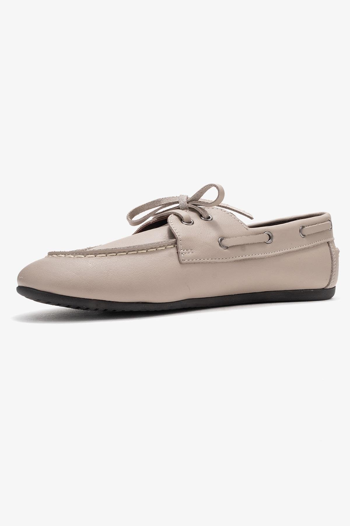 Serelis - Stone Genuine Leather Lace-Up Loafer Shoe – heel view showing lace, leather, Vowalisse