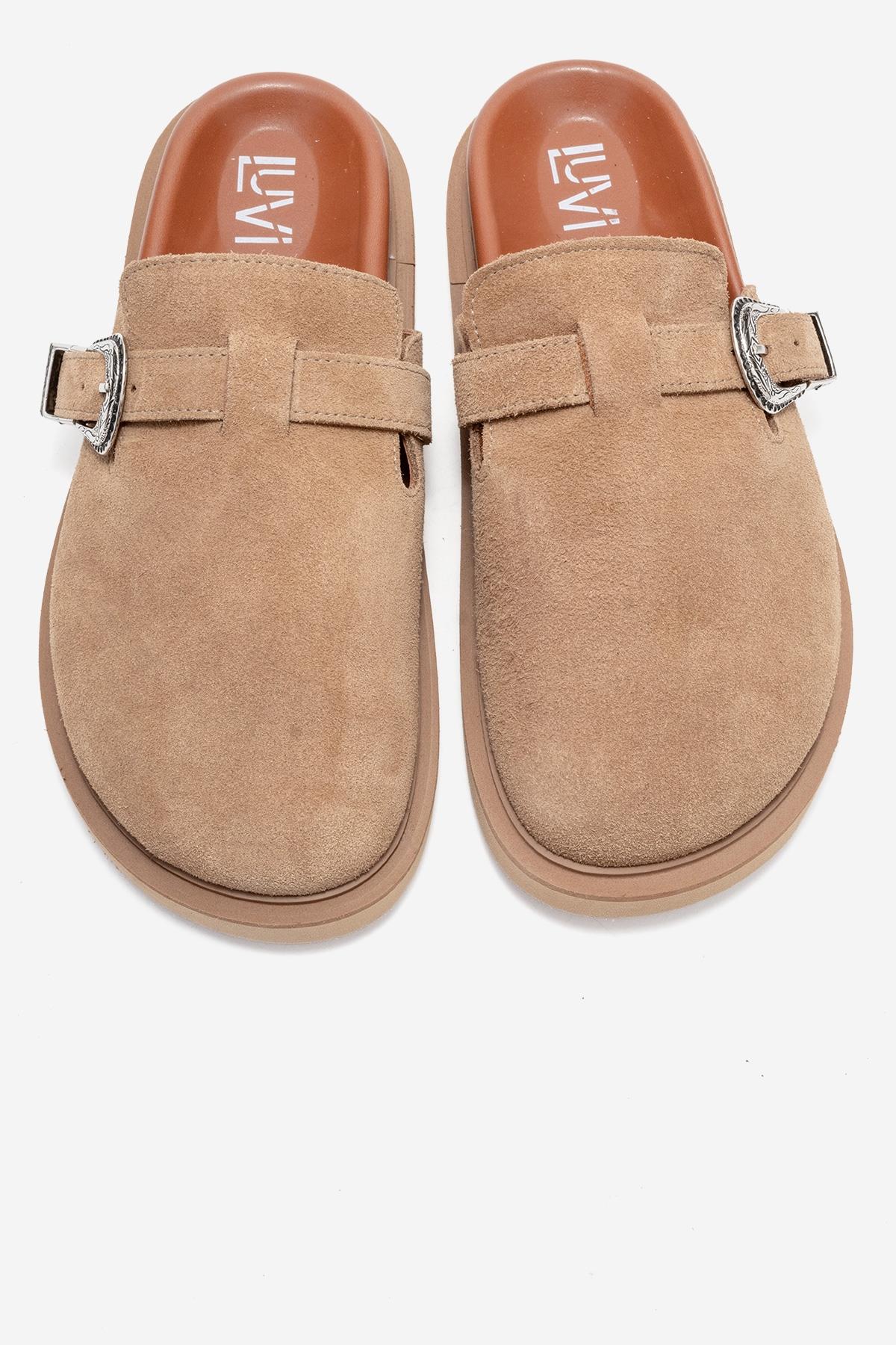 Vesta - Taupe Suede Buckled Genuine Leather Closed-Toe Mule – side view showing leather, suede, Vowalisse