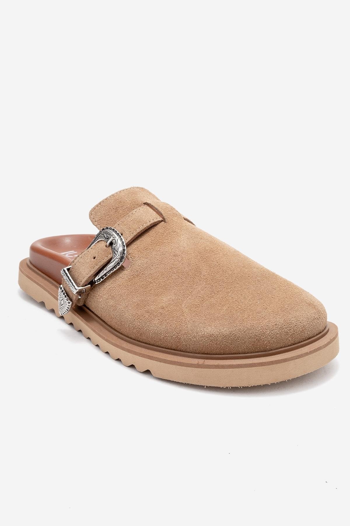 Vesta - Taupe Suede Buckled Genuine Leather Closed-Toe Mule – detail view showing leather, suede, Vowalisse