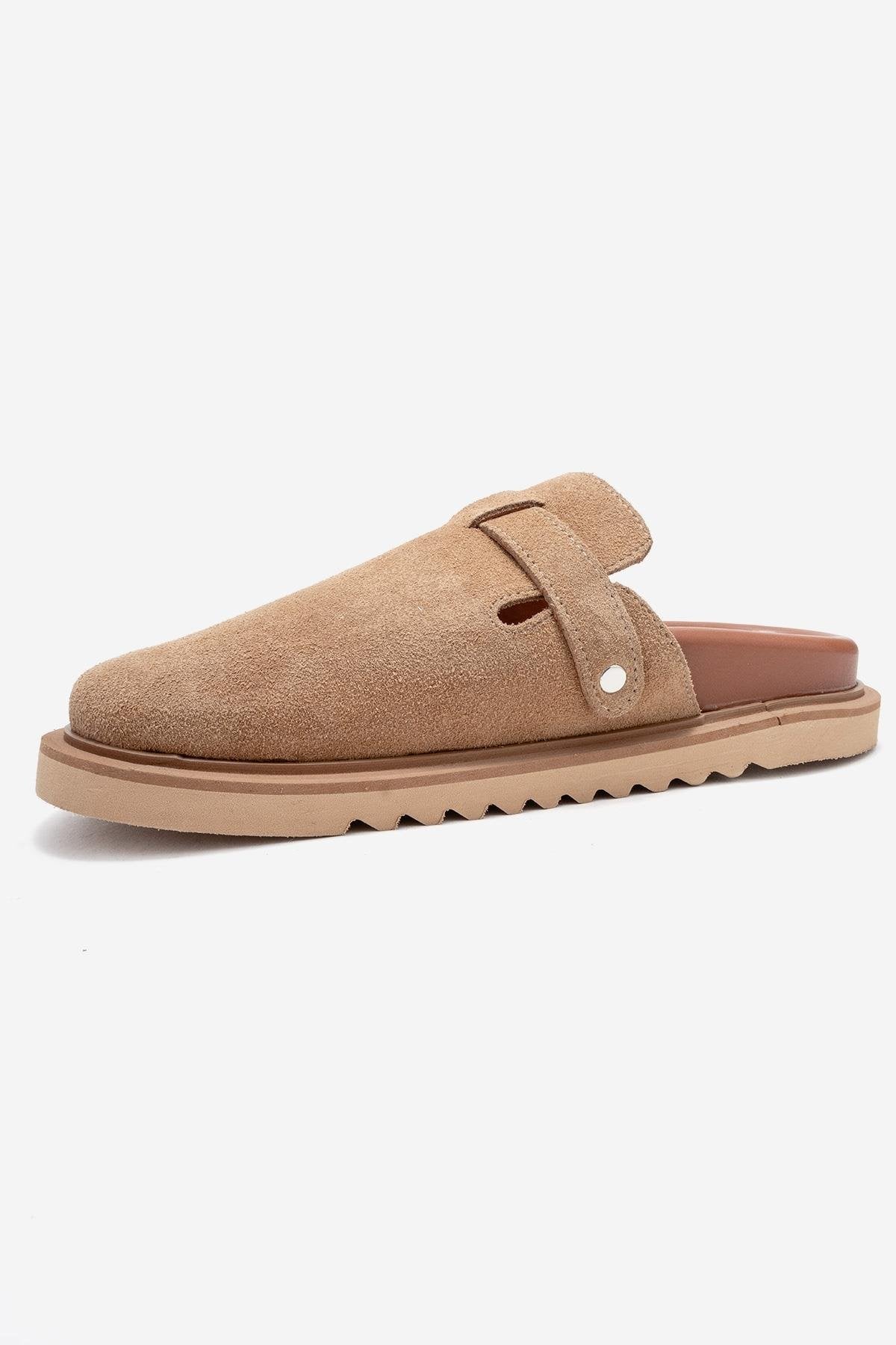 Vesta - Taupe Suede Buckled Genuine Leather Closed-Toe Mule – heel view showing leather, suede, Vowalisse