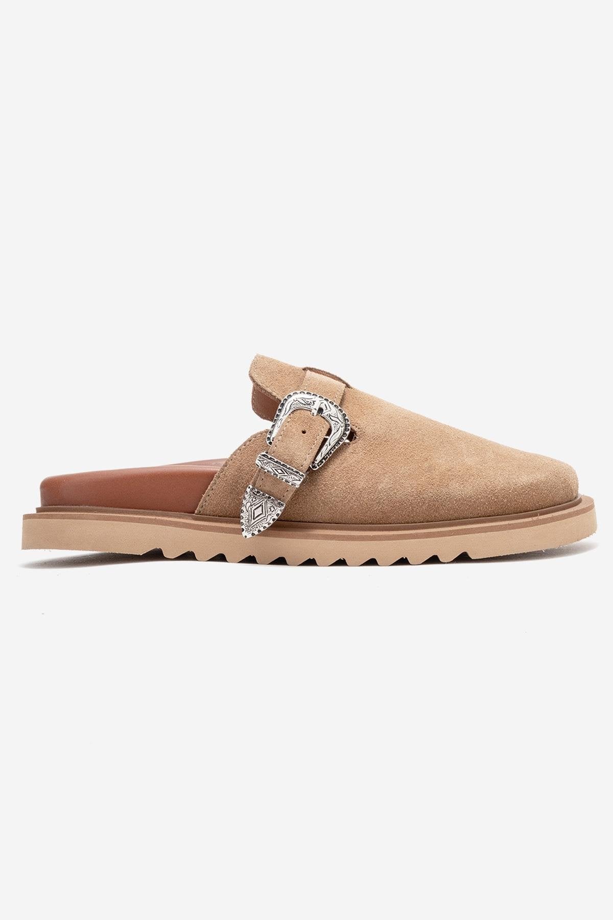 Vesta - Taupe Suede Buckled Genuine Leather Closed-Toe Mule – top view showing leather, suede, Vowalisse