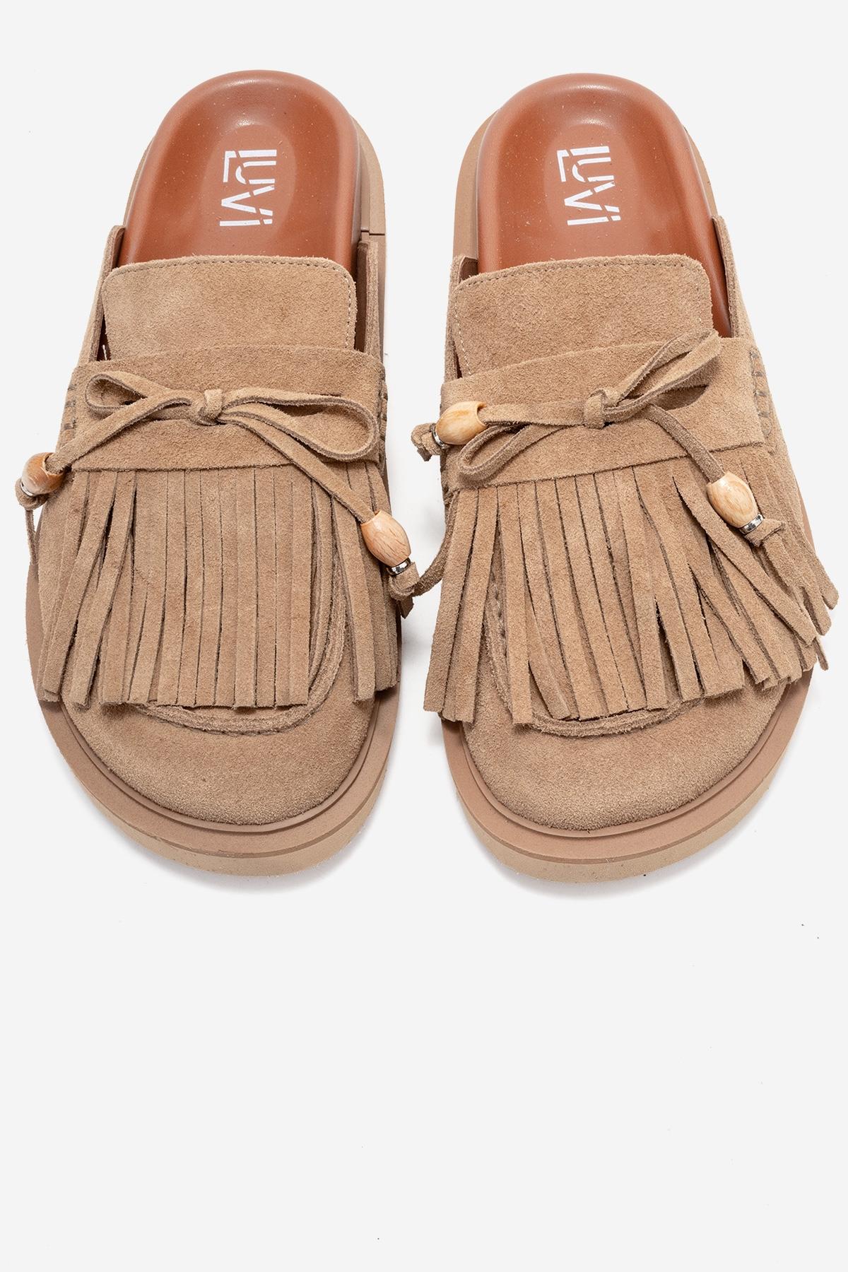Carol - Taupe Suede Genuine Leather Closed-Toe Mule – side view showing leather, suede, Vowalisse