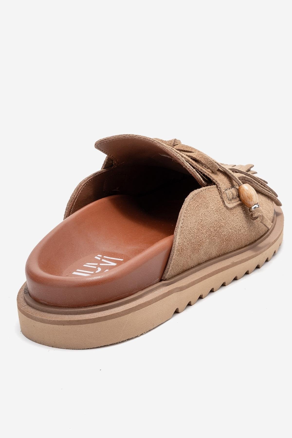 Carol - Taupe Suede Genuine Leather Closed-Toe Mule – back view showing leather, suede, Vowalisse