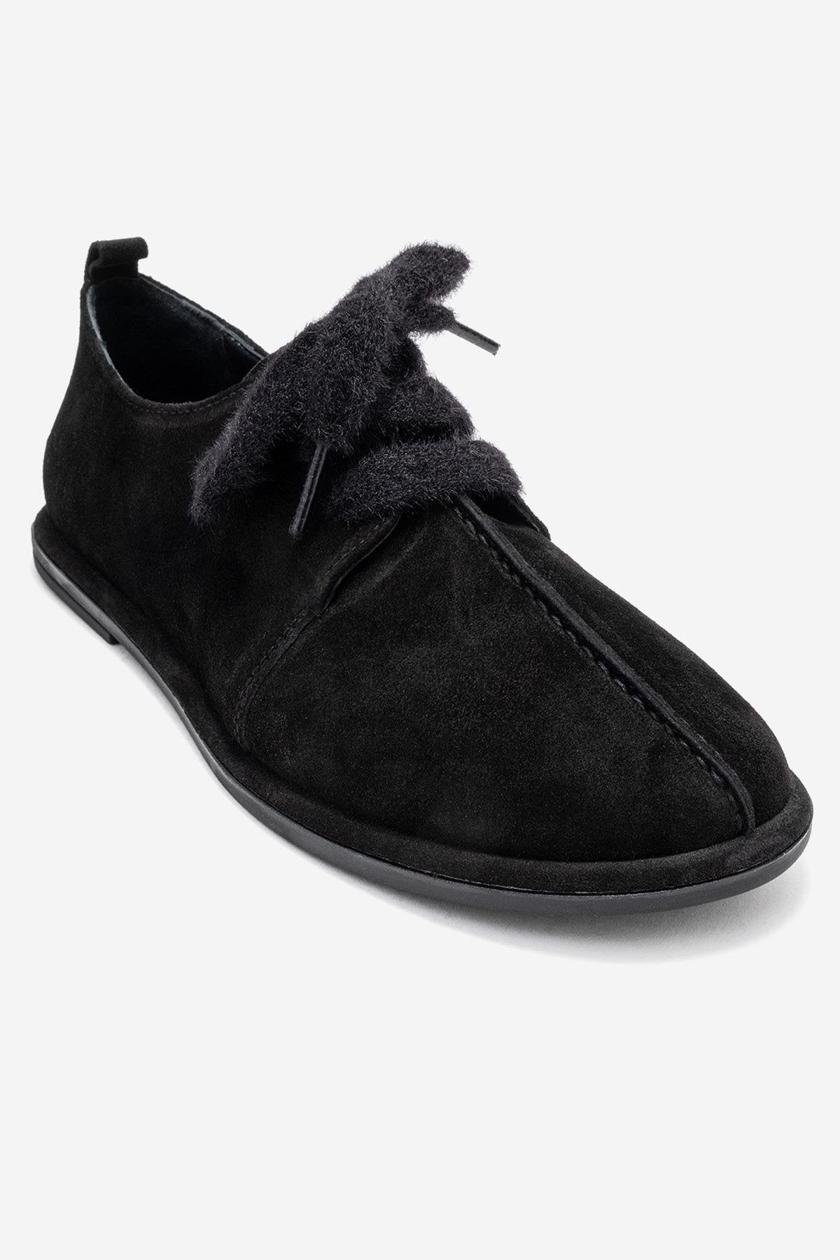 Denora - Black Genuine Leather Casual Flat Shoe – detail view showing leather, suede, black, Vowalisse