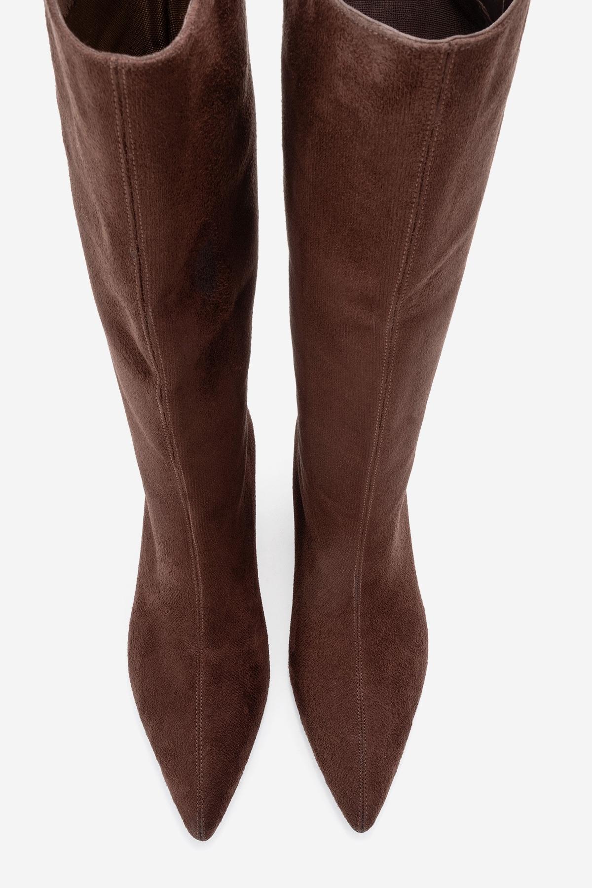 Armelia - Brown Kitten Heel Knee-High Boot – detail view showing suede, Vowalisse