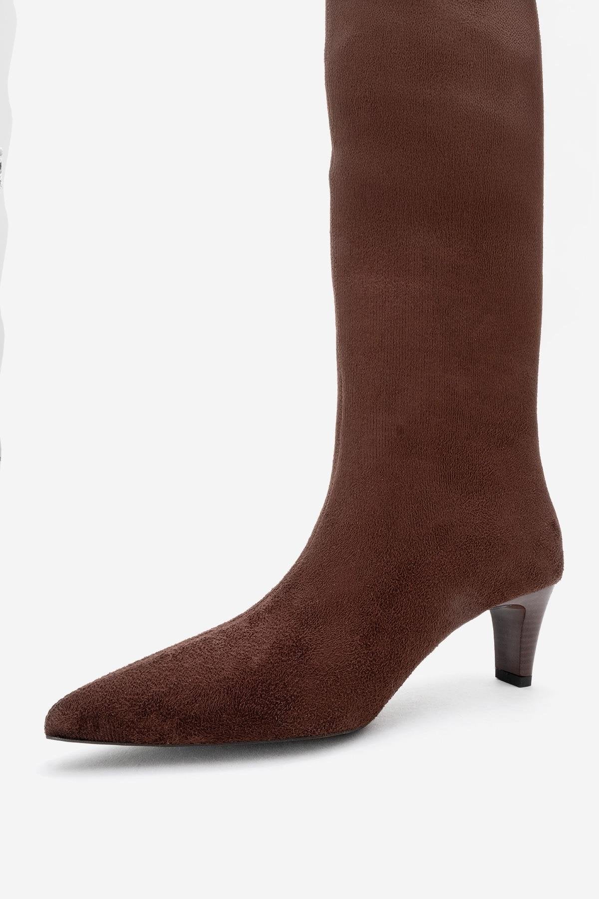 Armelia - Brown Kitten Heel Knee-High Boot – back view showing suede, Vowalisse