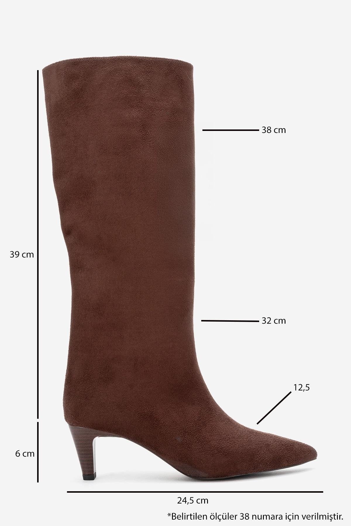 Armelia - Brown Kitten Heel Knee-High Boot – sole view showing suede, Vowalisse