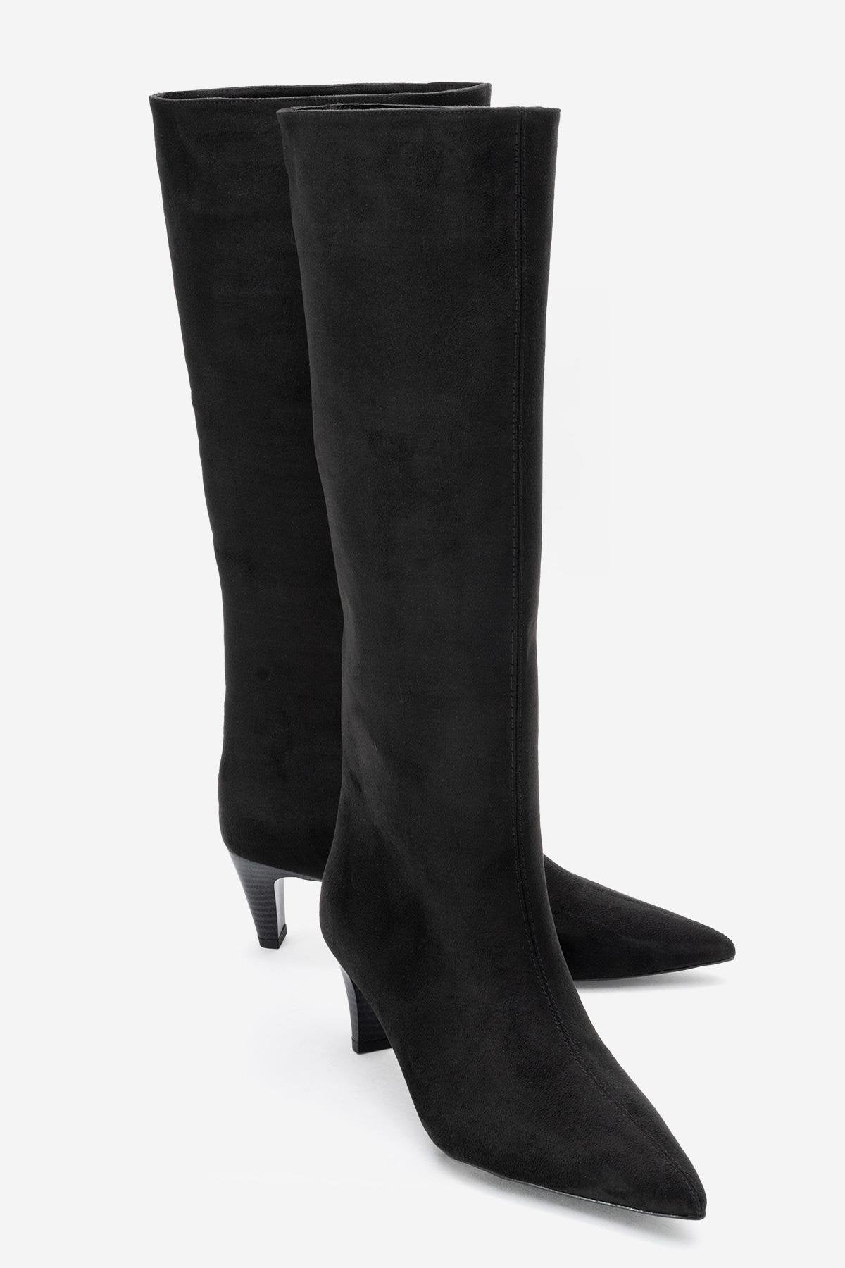 Armelia - Black Kitten Heel Knee-High Boot – front three-quarter view showing suede, black, Vowalisse