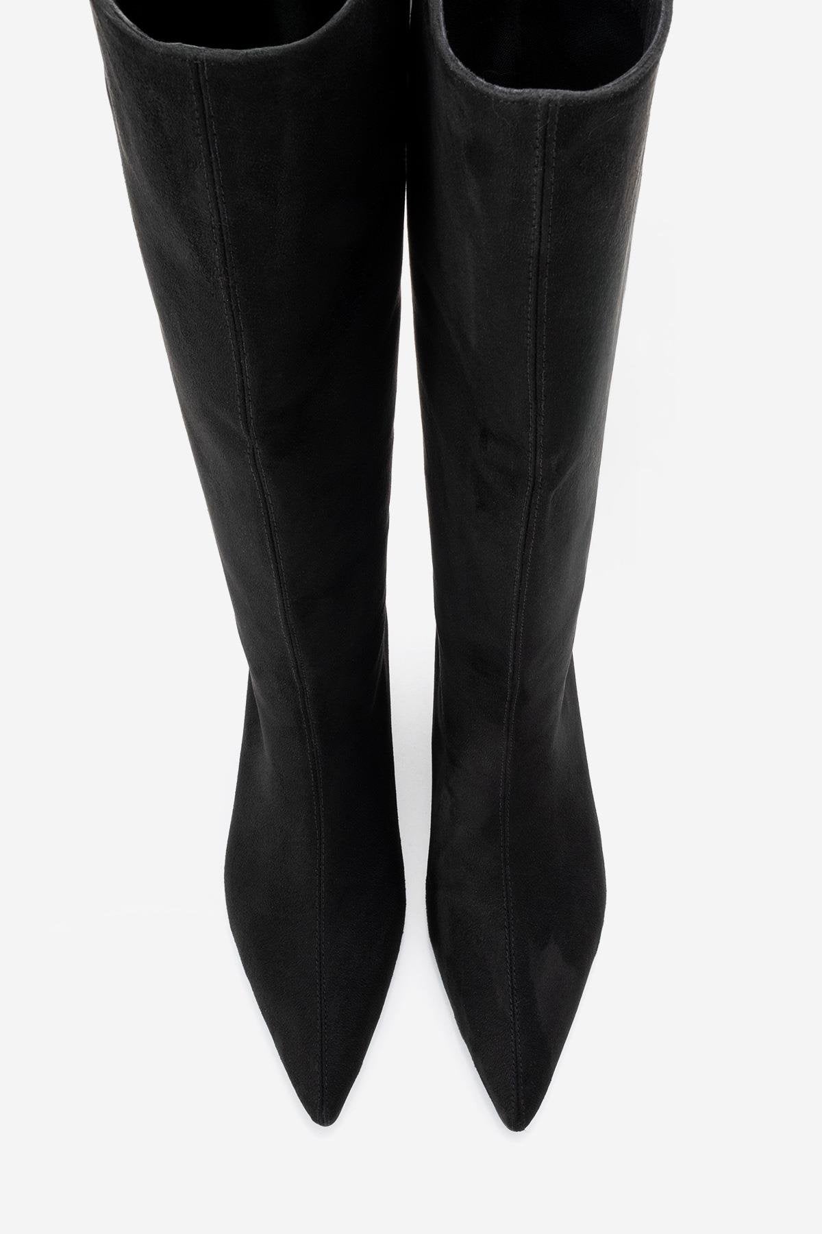 Armelia - Black Kitten Heel Knee-High Boot – side view showing suede, black, Vowalisse