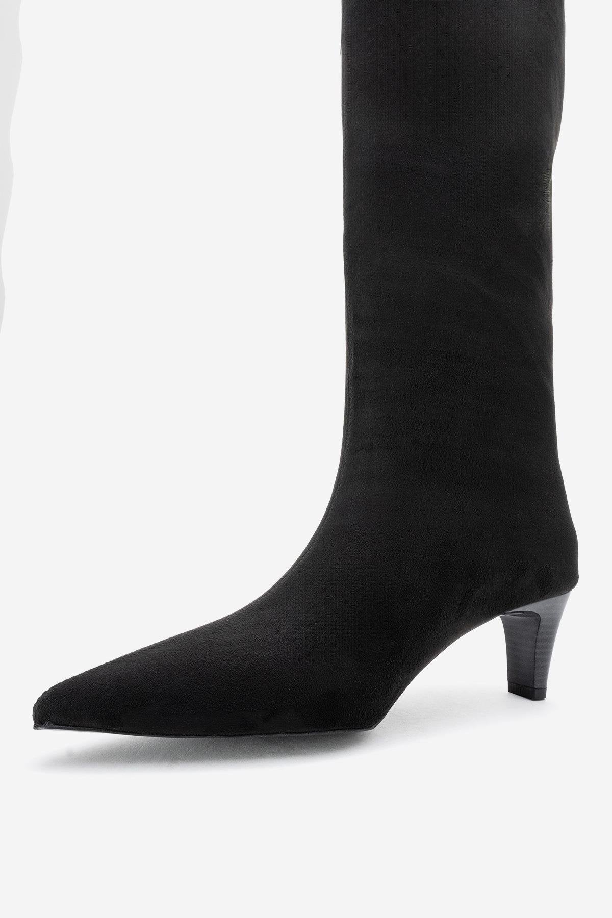Armelia - Black Kitten Heel Knee-High Boot – heel view showing suede, black, Vowalisse