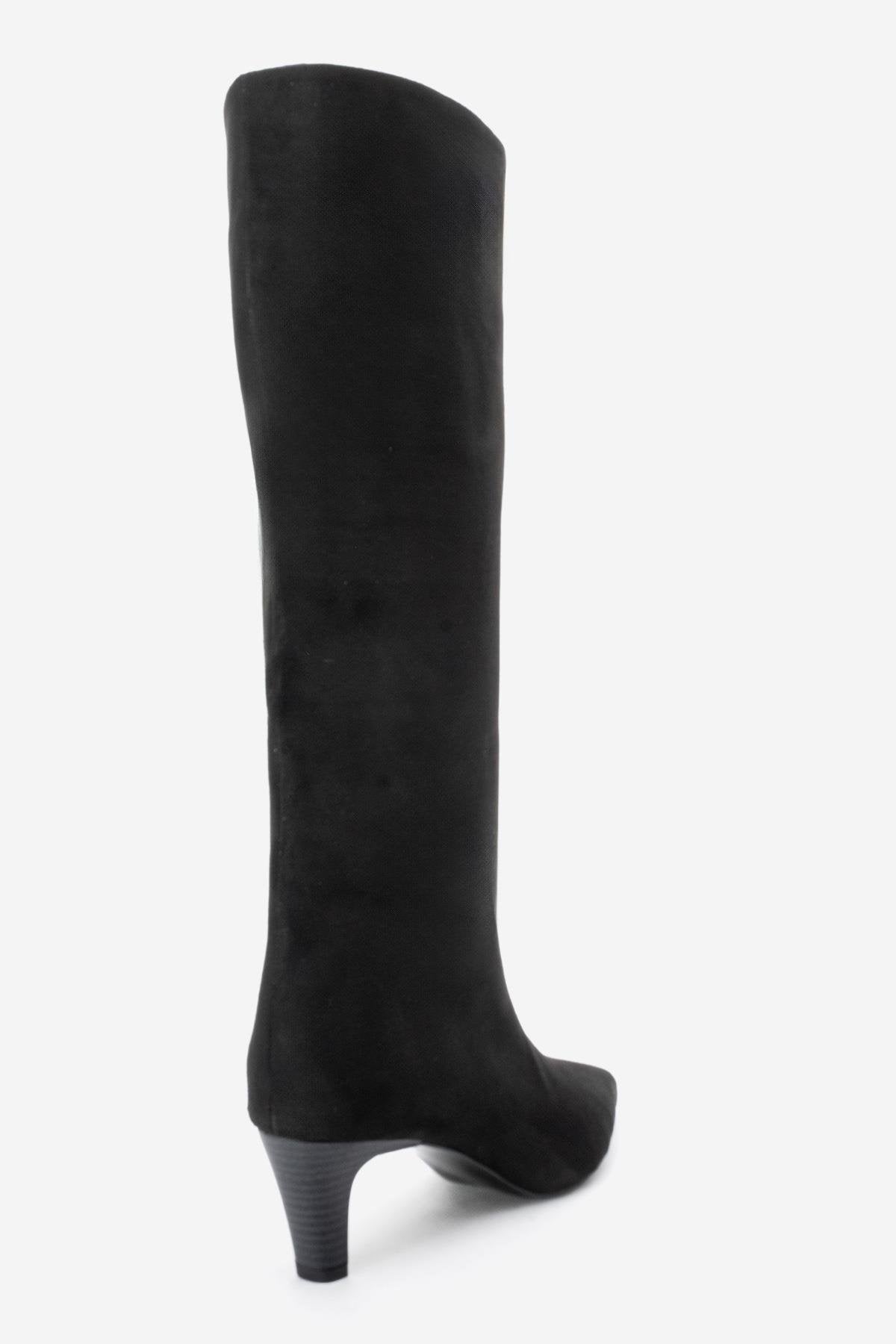 Armelia - Black Kitten Heel Knee-High Boot – back view showing suede, black, Vowalisse