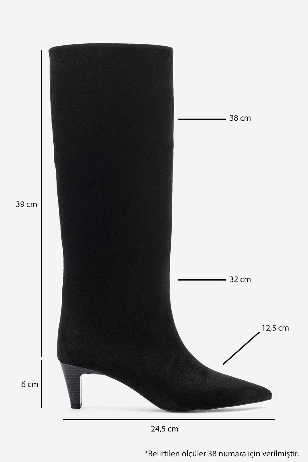 Armelia - Black Kitten Heel Knee-High Boot – top view showing suede, black, Vowalisse