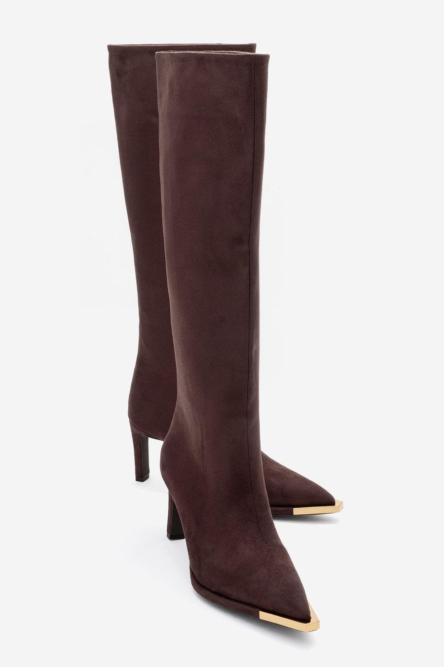 Lexa - Brown Gold Detail Pointed Toe Heeled Knee-High Boot