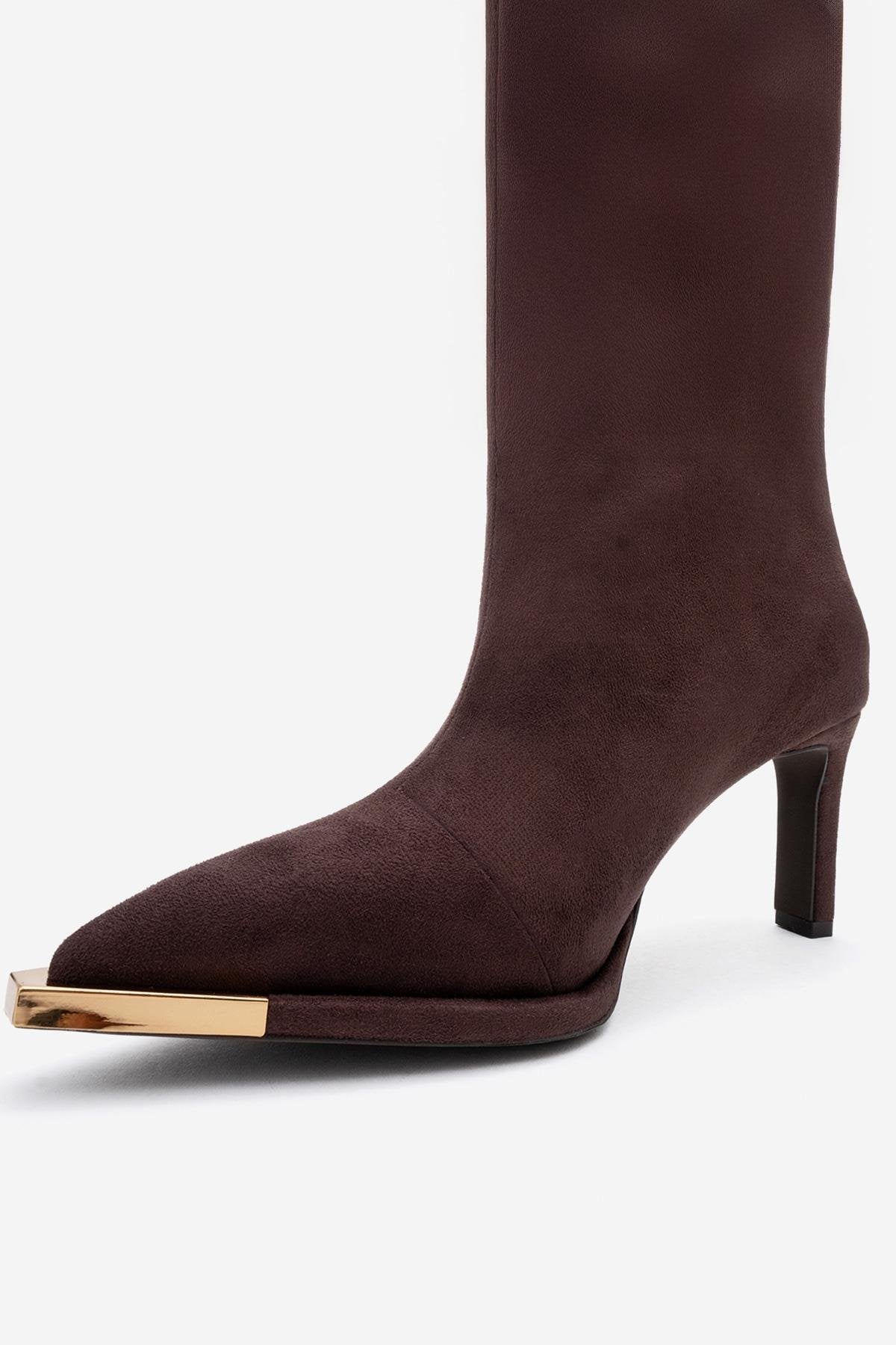 Lexa - Brown Gold Detail Pointed Toe Heeled Knee-High Boot – back view showing suede, gold, Vowalisse