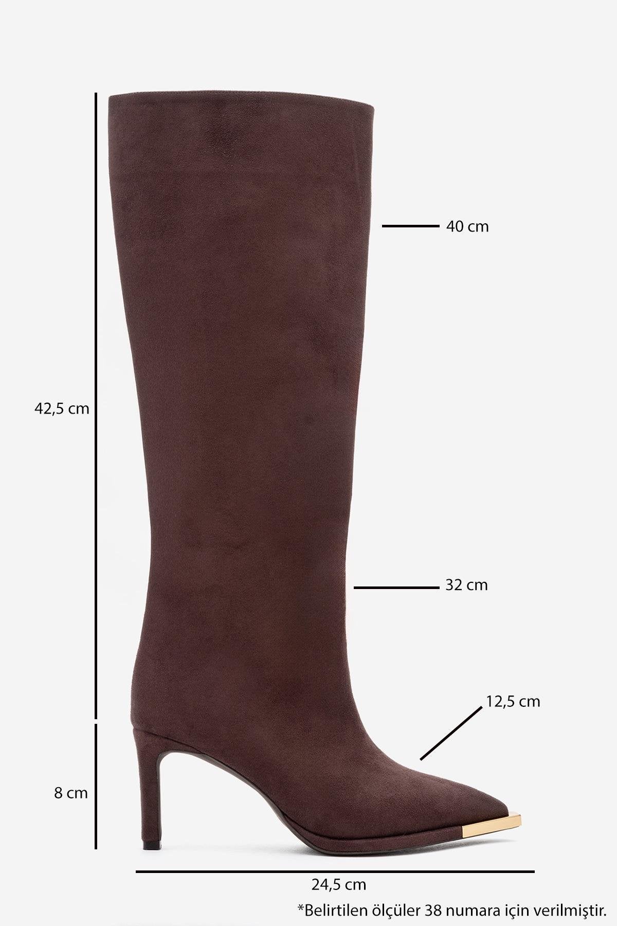 Lexa - Brown Gold Detail Pointed Toe Heeled Knee-High Boot – sole view showing suede, gold, Vowalisse