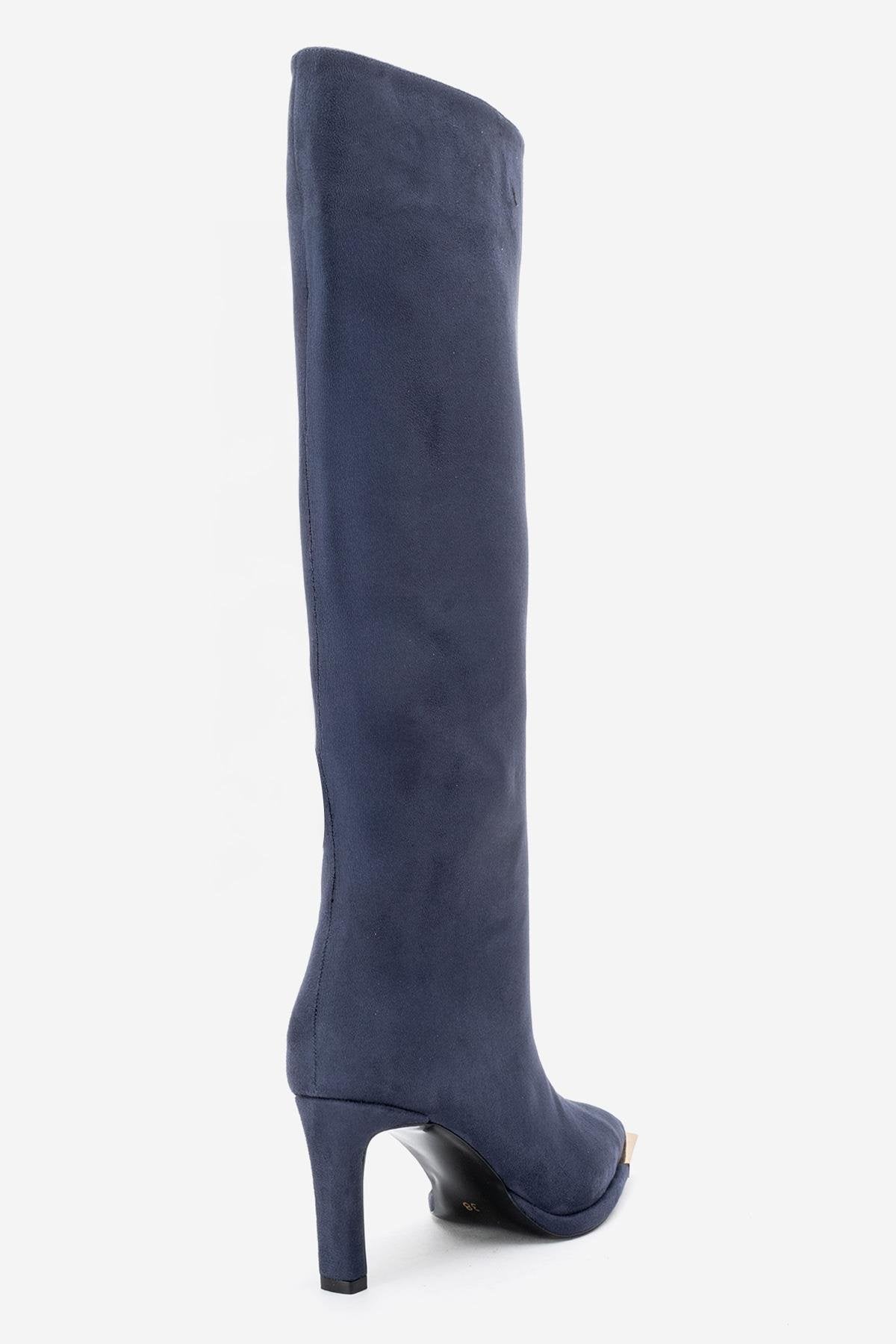 Lexa - Navy Gold-Detail Pointed Toe Knee-High Boot – back view showing suede, metallic, gold, Vowalisse