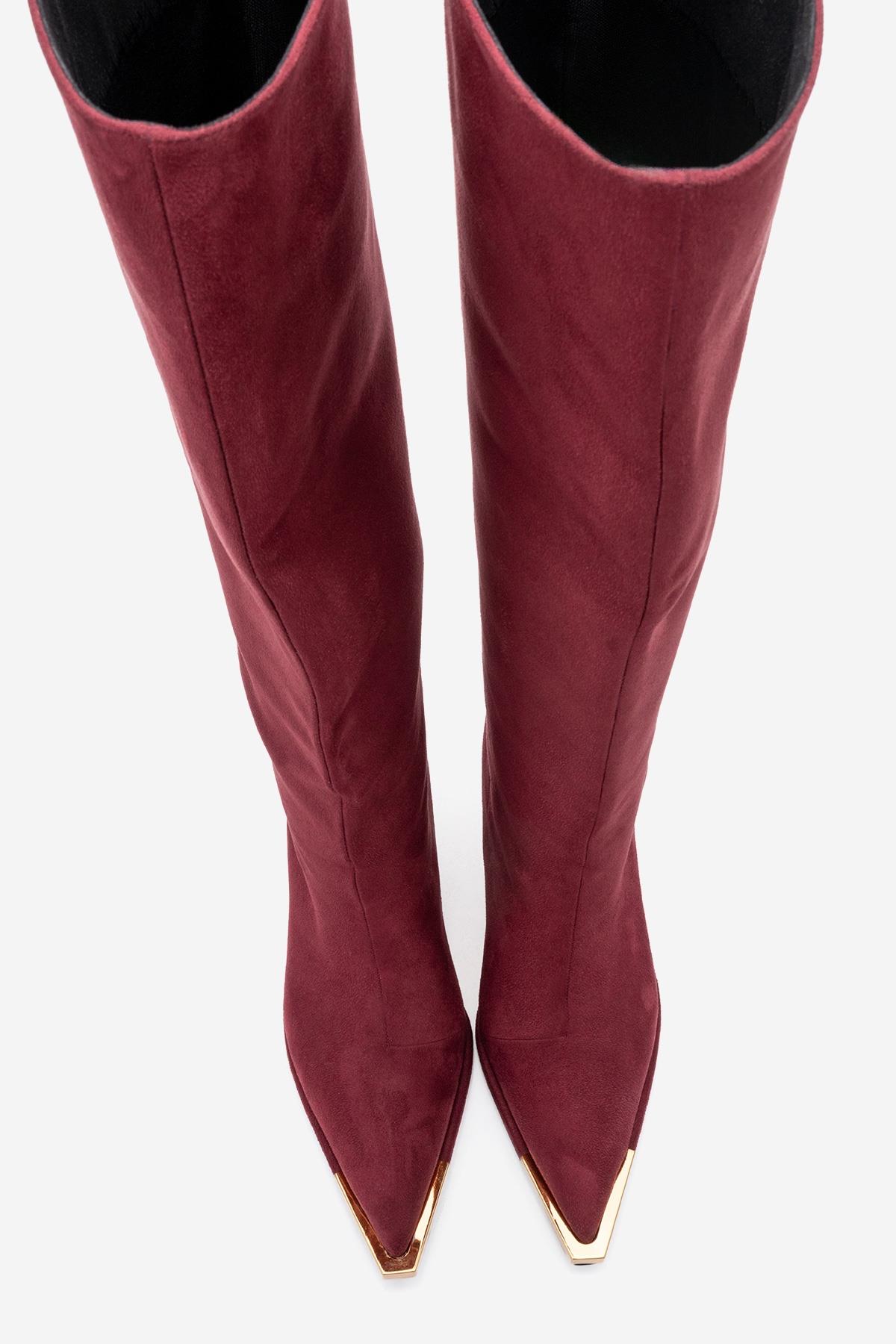 Lexa - Burgundy Gold-Detail Pointed Toe Knee-High Boot – side view showing suede, gold, Vowalisse