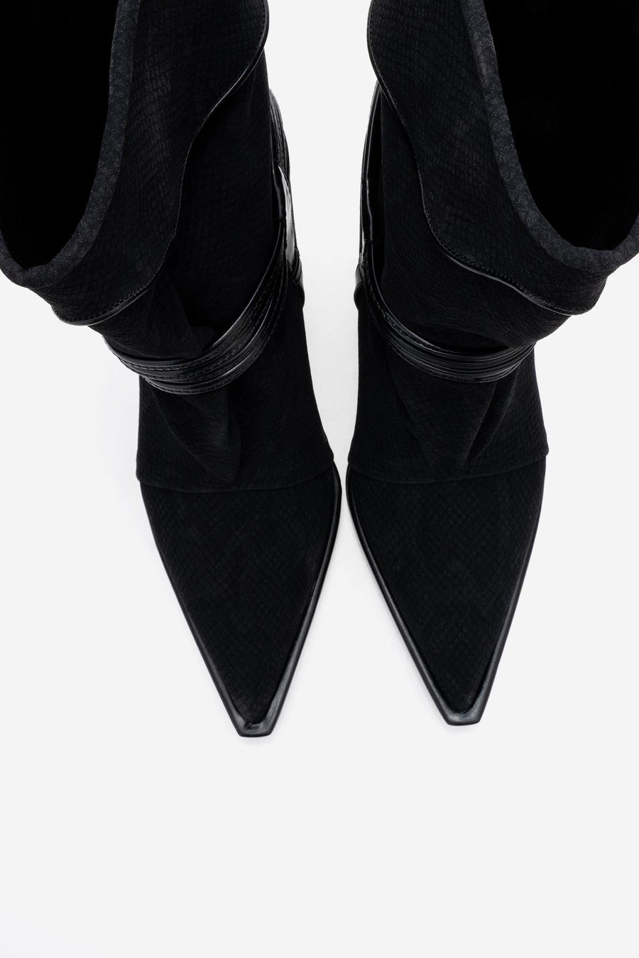 Myra - Black Snake-Embossed Banded Buckle Heeled Ankle Boot