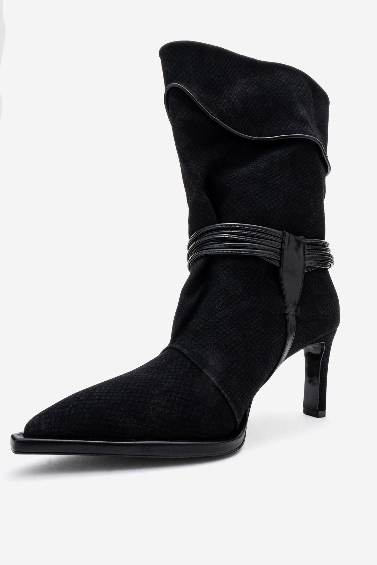 Myra - Black Snake-Embossed Banded Buckle Heeled Ankle Boot – detail view showing leather, black, Vowalisse