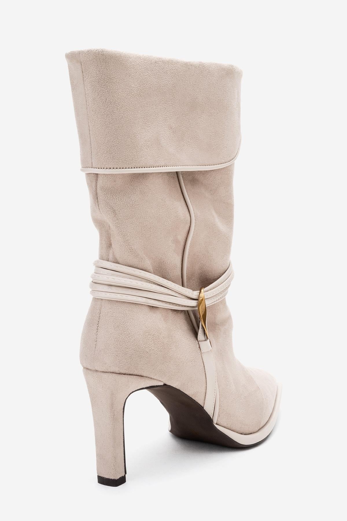 Myra - Beige Banded Buckle Heeled Ankle Boot – back view showing suede, Vowalisse