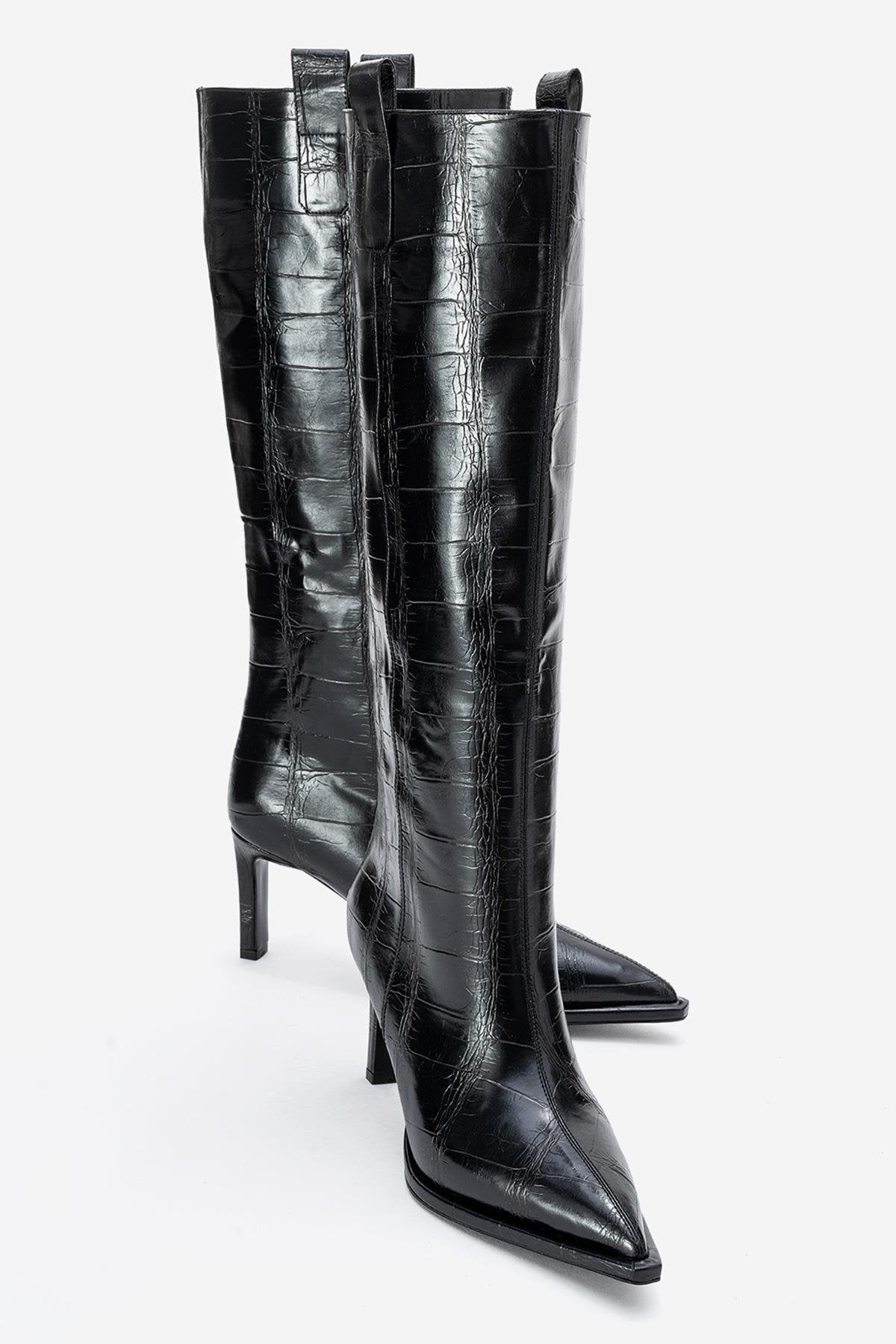 Lunelle - Black Pointed Toe Stiletto Heel Knee-High Boot – front three-quarter view showing leather, black, Vowalisse