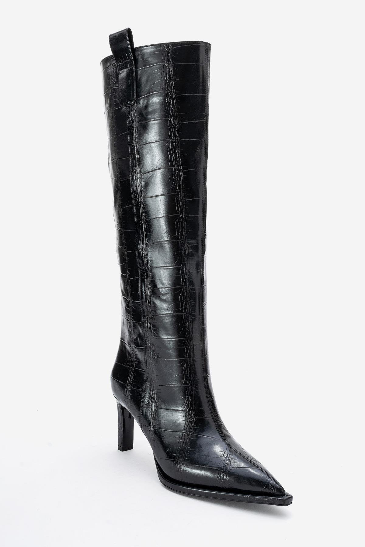 Lunelle - Black Pointed Toe Stiletto Heel Knee-High Boot – detail view showing leather, black, Vowalisse