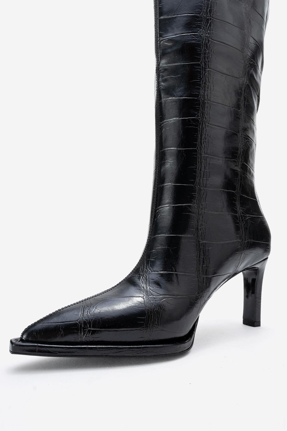 Lunelle - Black Pointed Toe Stiletto Heel Knee-High Boot – heel view showing leather, black, Vowalisse