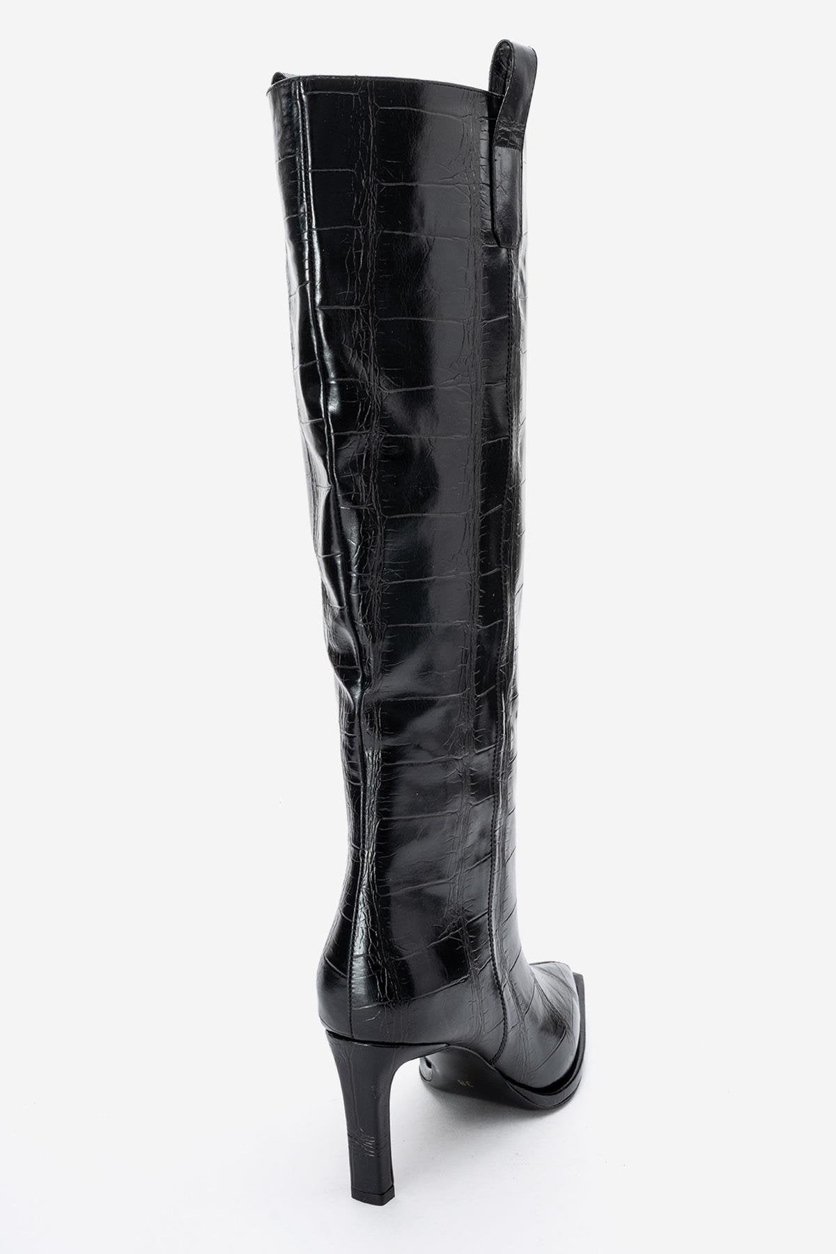 Lunelle - Black Pointed Toe Stiletto Heel Knee-High Boot – back view showing leather, black, Vowalisse