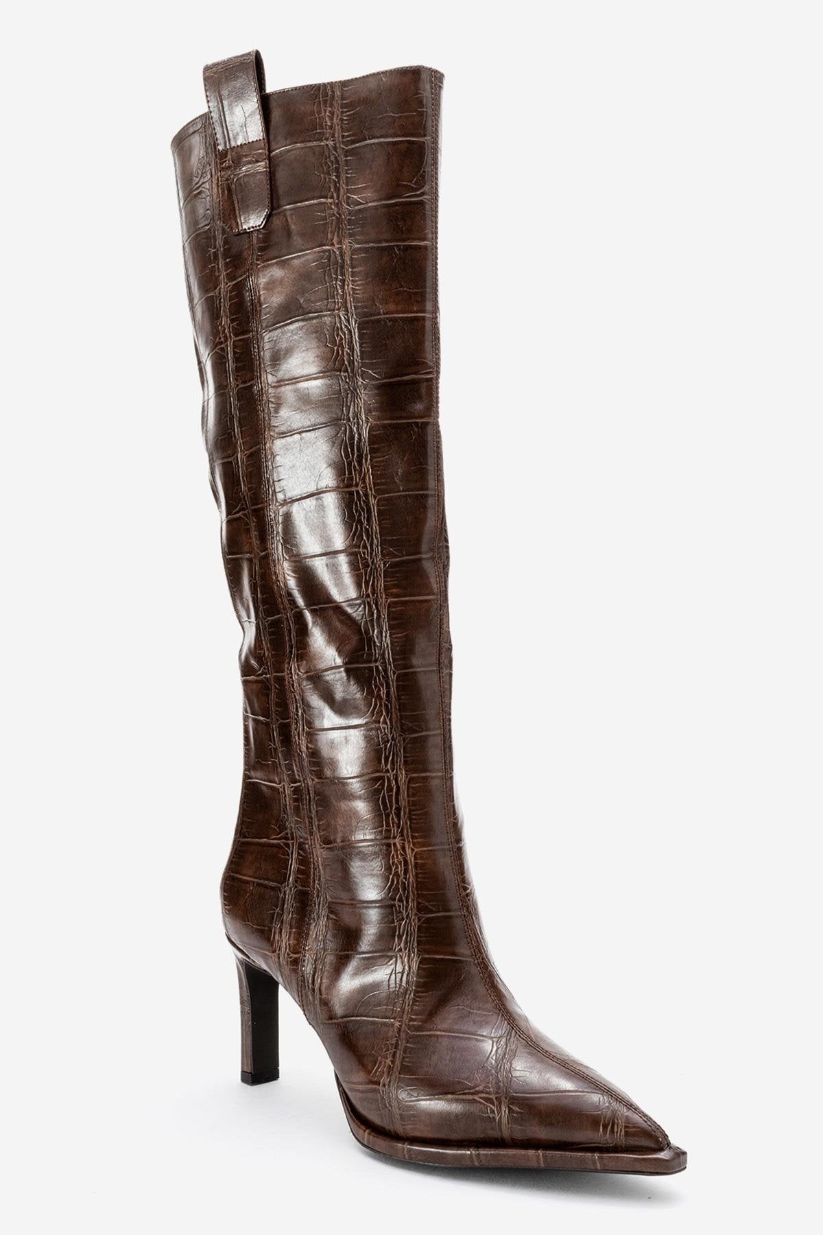 Lunelle - Brown Pointed Toe Stiletto Heel Knee-High Boot – heel view showing leather, red, Vowalisse