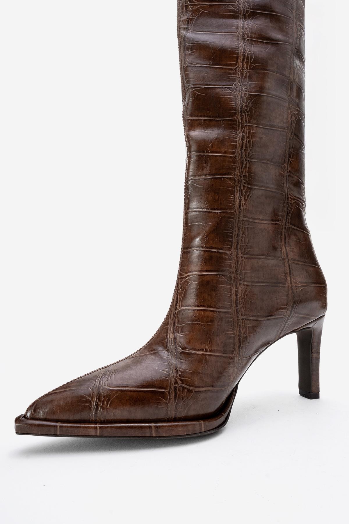 Lunelle - Brown Pointed Toe Stiletto Heel Knee-High Boot – back view showing leather, red, Vowalisse