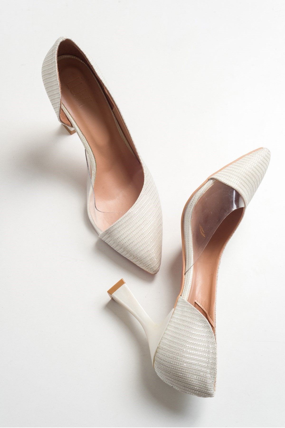 Ursula - Pearl Glitter Heeled Shoe – front three-quarter view showing pearl, leather, glitter, Vowalisse