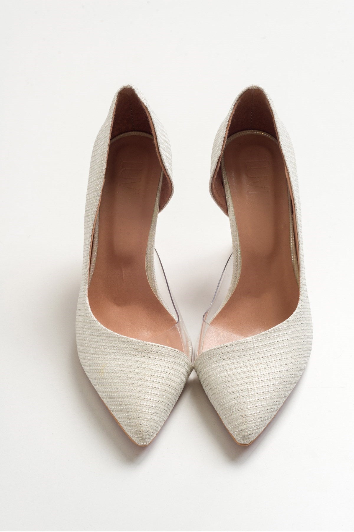 Ursula - Pearl Glitter Heeled Shoe – side view showing pearl, leather, glitter, Vowalisse