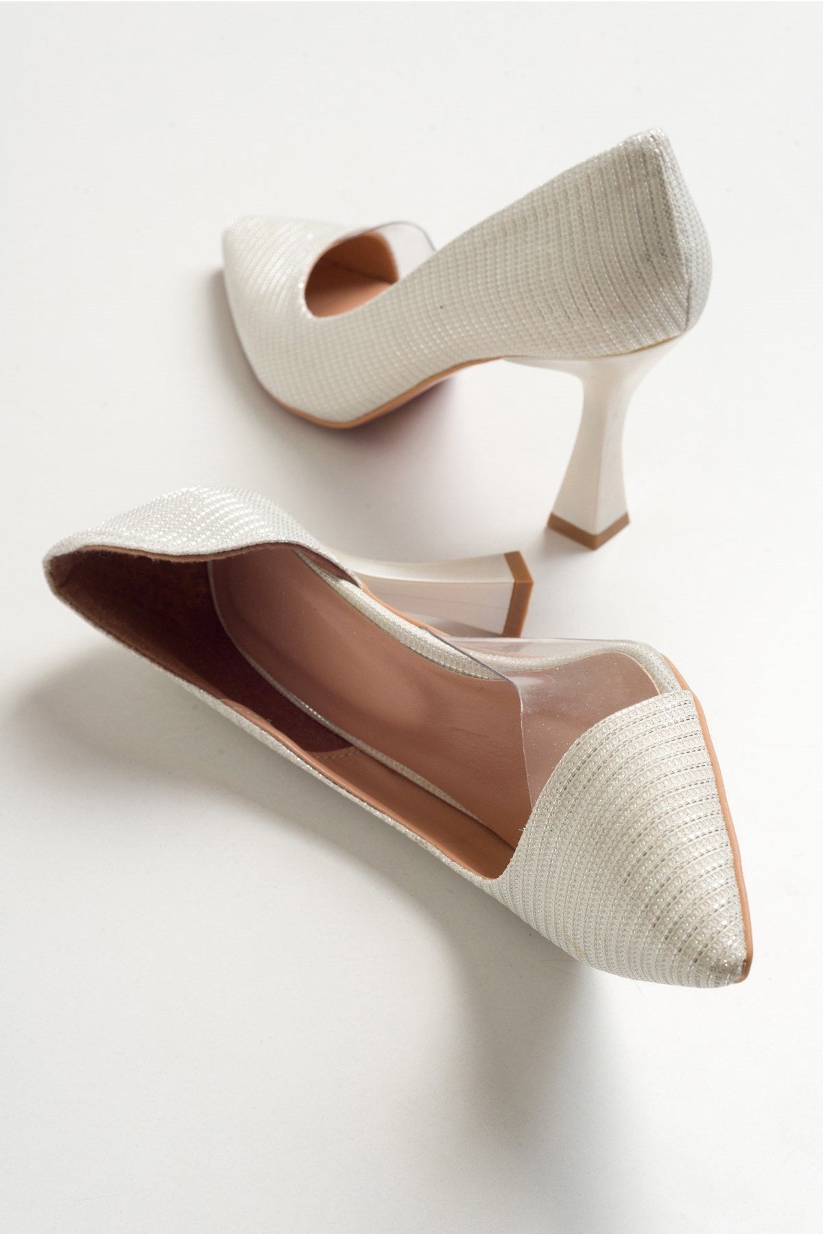 Ursula - Pearl Glitter Heeled Shoe – detail view showing pearl, leather, glitter, Vowalisse