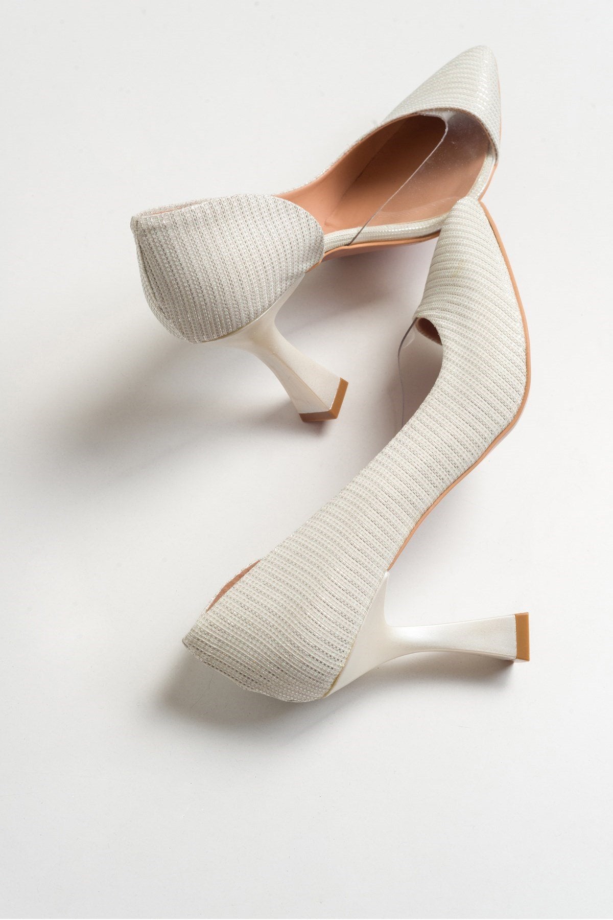 Ursula - Pearl Glitter Heeled Shoe – heel view showing pearl, leather, glitter, Vowalisse