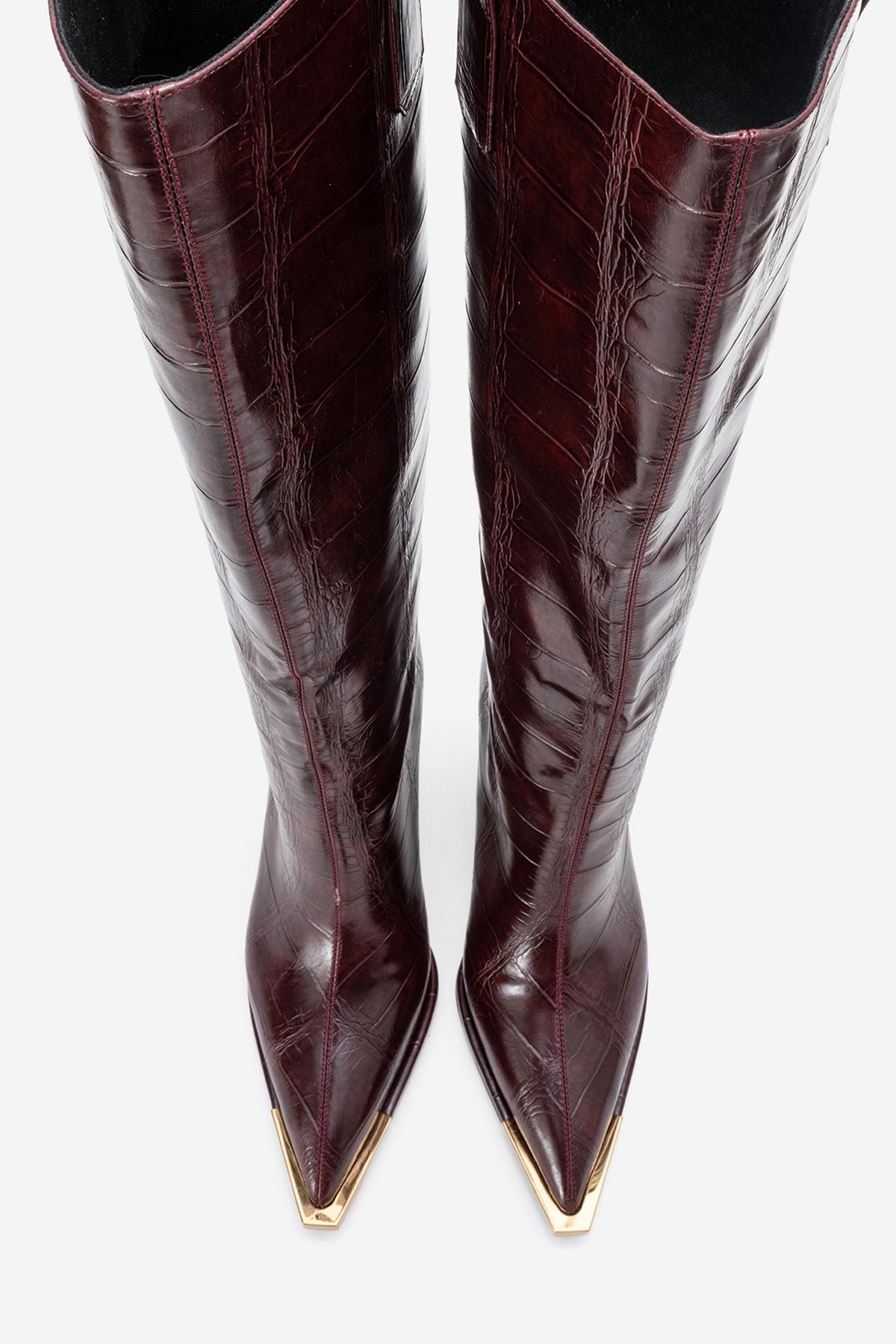 Lunelle - Burgundy Pointed Toe Stiletto Heel Knee-High Boot – side view showing leather, gold, Vowalisse