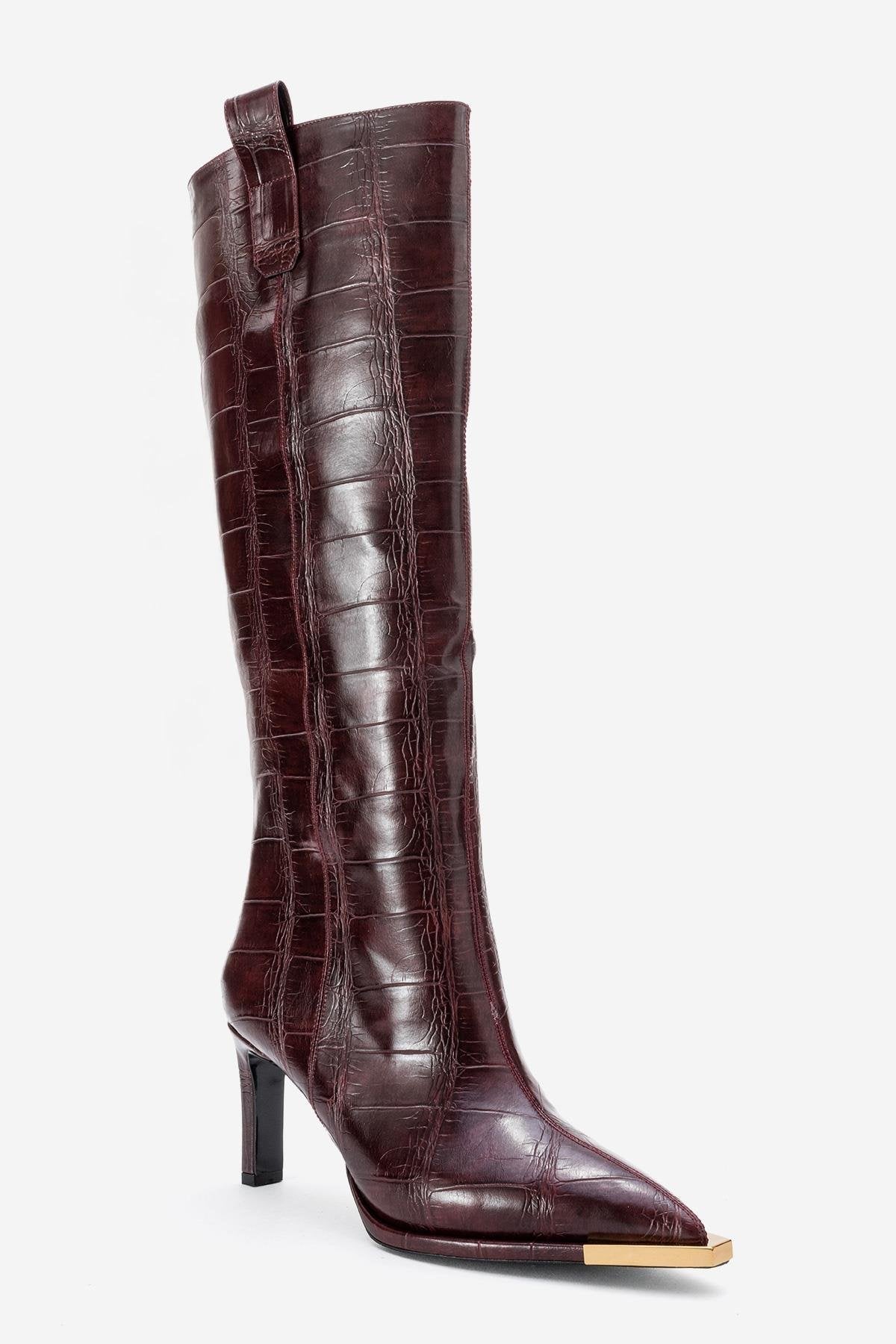 Lunelle - Burgundy Pointed Toe Stiletto Heel Knee-High Boot – detail view showing leather, gold, Vowalisse