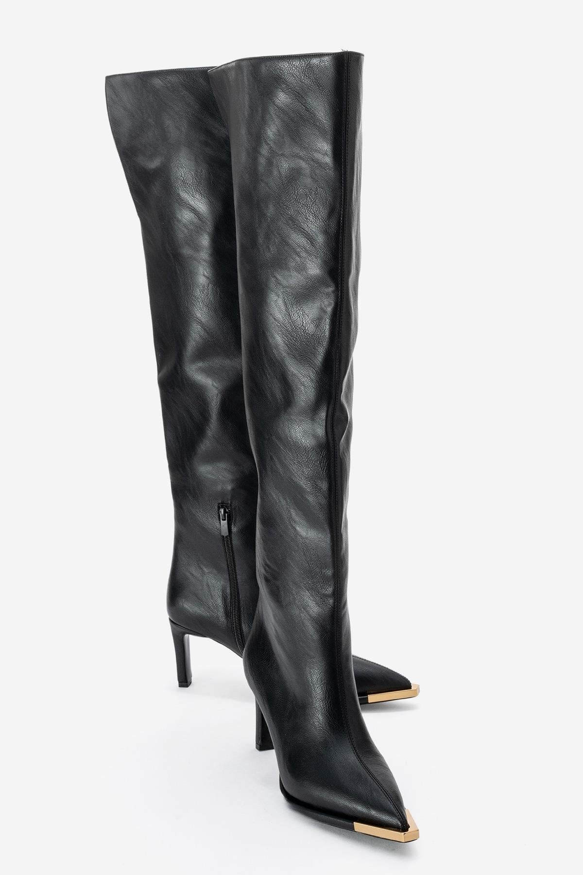 Vody - Black Over-The-Knee Zip Stiletto Boot – front three-quarter view showing leather, black, Vowalisse