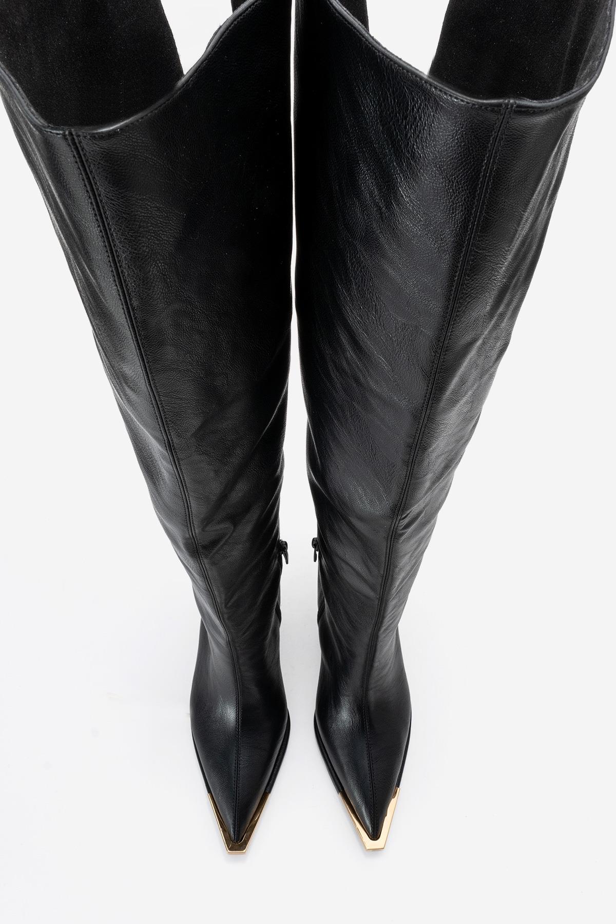 Vody - Black Over-The-Knee Zip Stiletto Boot – side view showing leather, black, Vowalisse