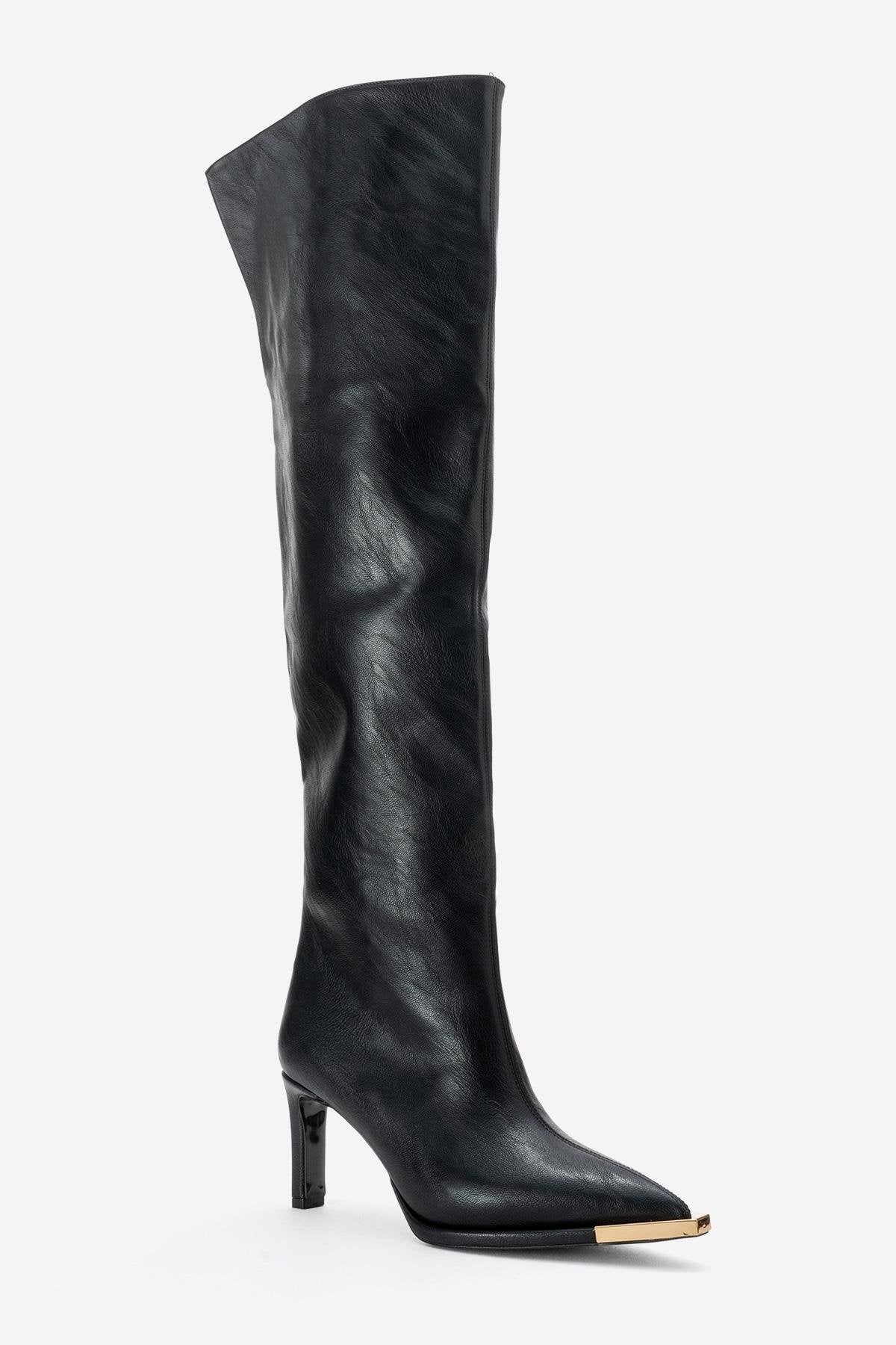 Vody - Black Over-The-Knee Zip Stiletto Boot – detail view showing leather, black, Vowalisse