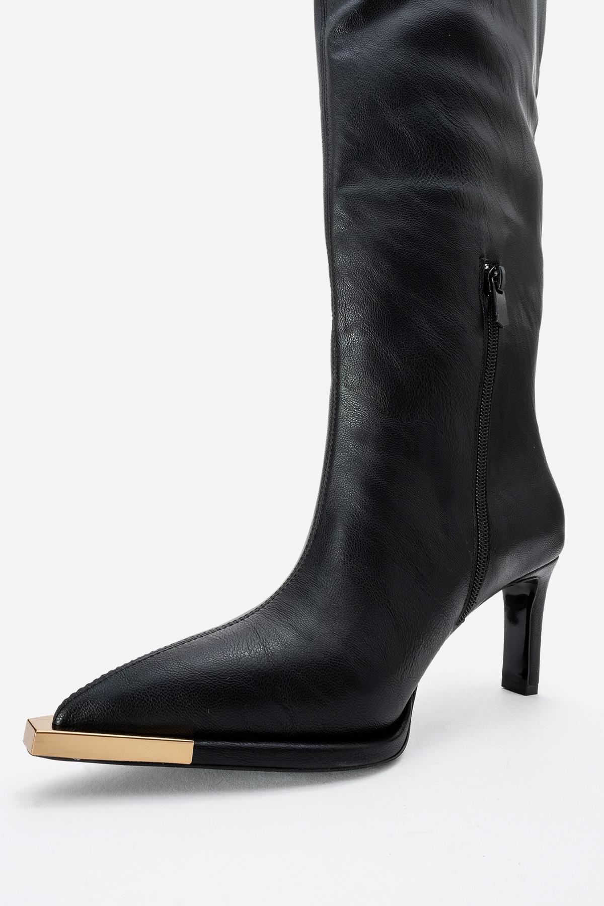 Vody - Black Over-The-Knee Zip Stiletto Boot – heel view showing leather, black, Vowalisse